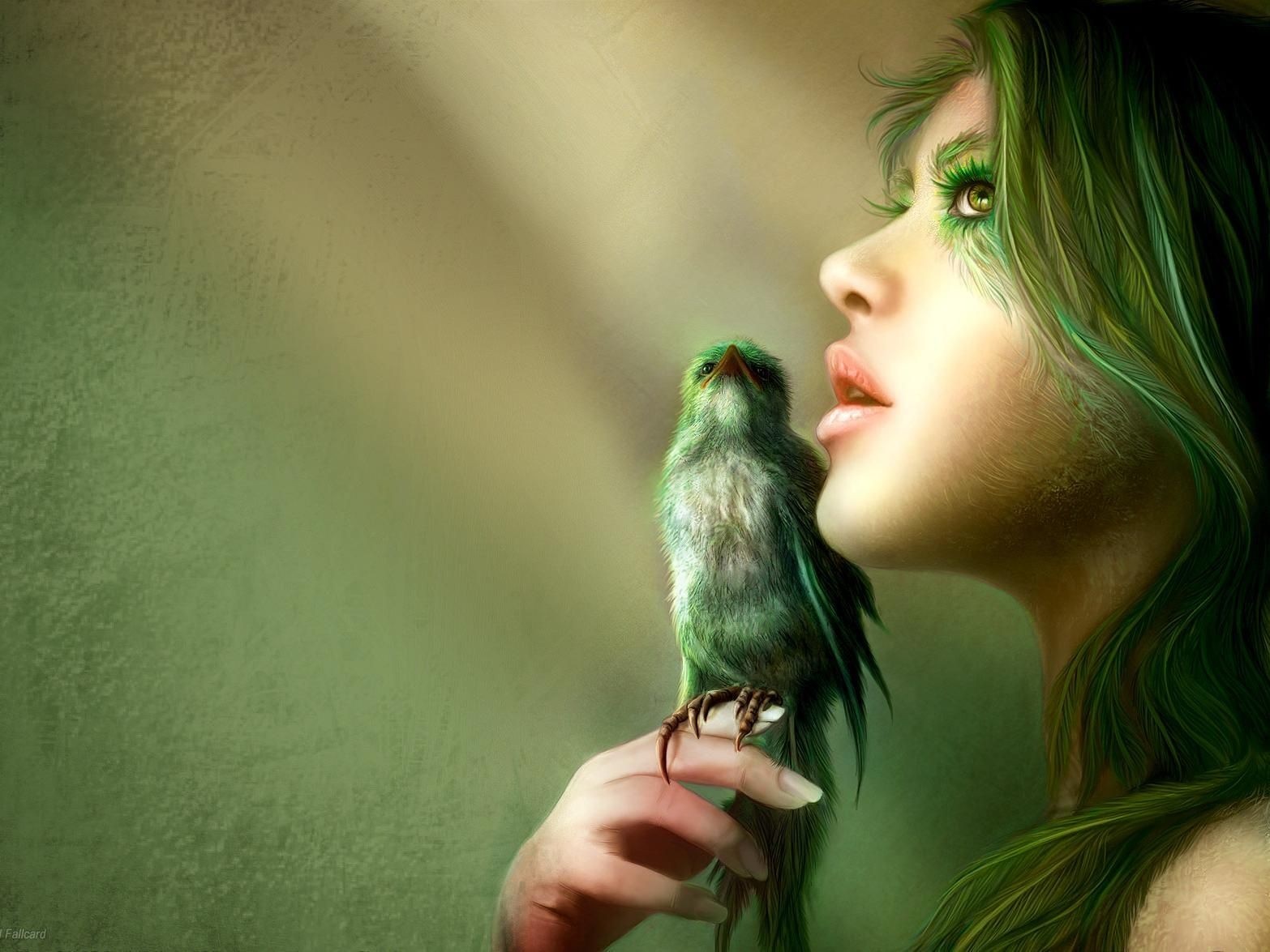 Fantasy art of a woman with green hair and a bird HD Wallpaper