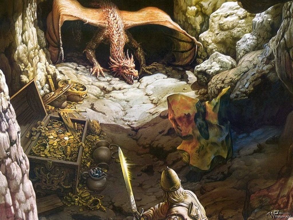 Dragon guarding treasure in a cave with a knight HD Wallpaper