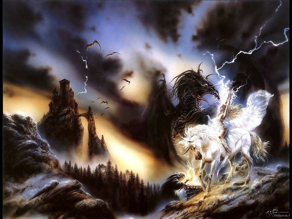 Fantasy art of a dragon and a winged horse with a rider HD Wallpaper