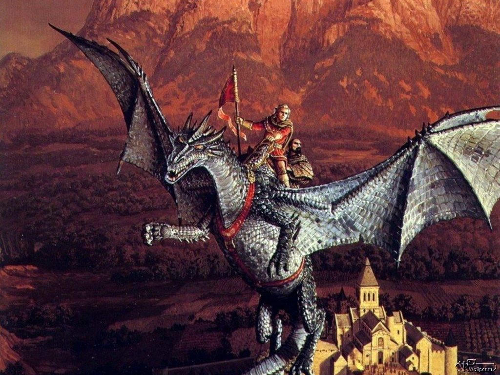 Fantasy art of a dragon with riders over a castle HD Wallpaper
