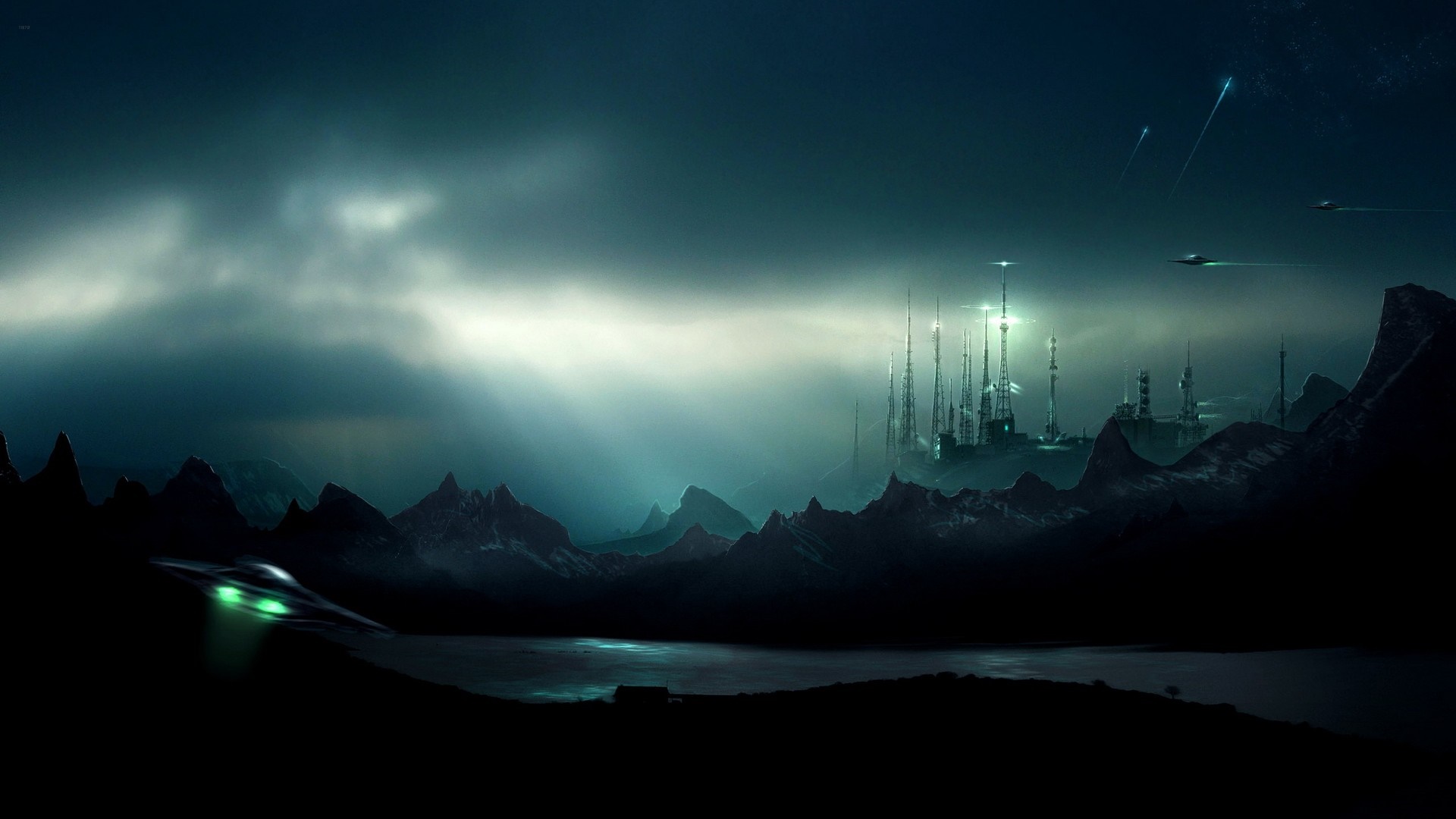 Futuristic city with flying vehicles at night HD Wallpaper