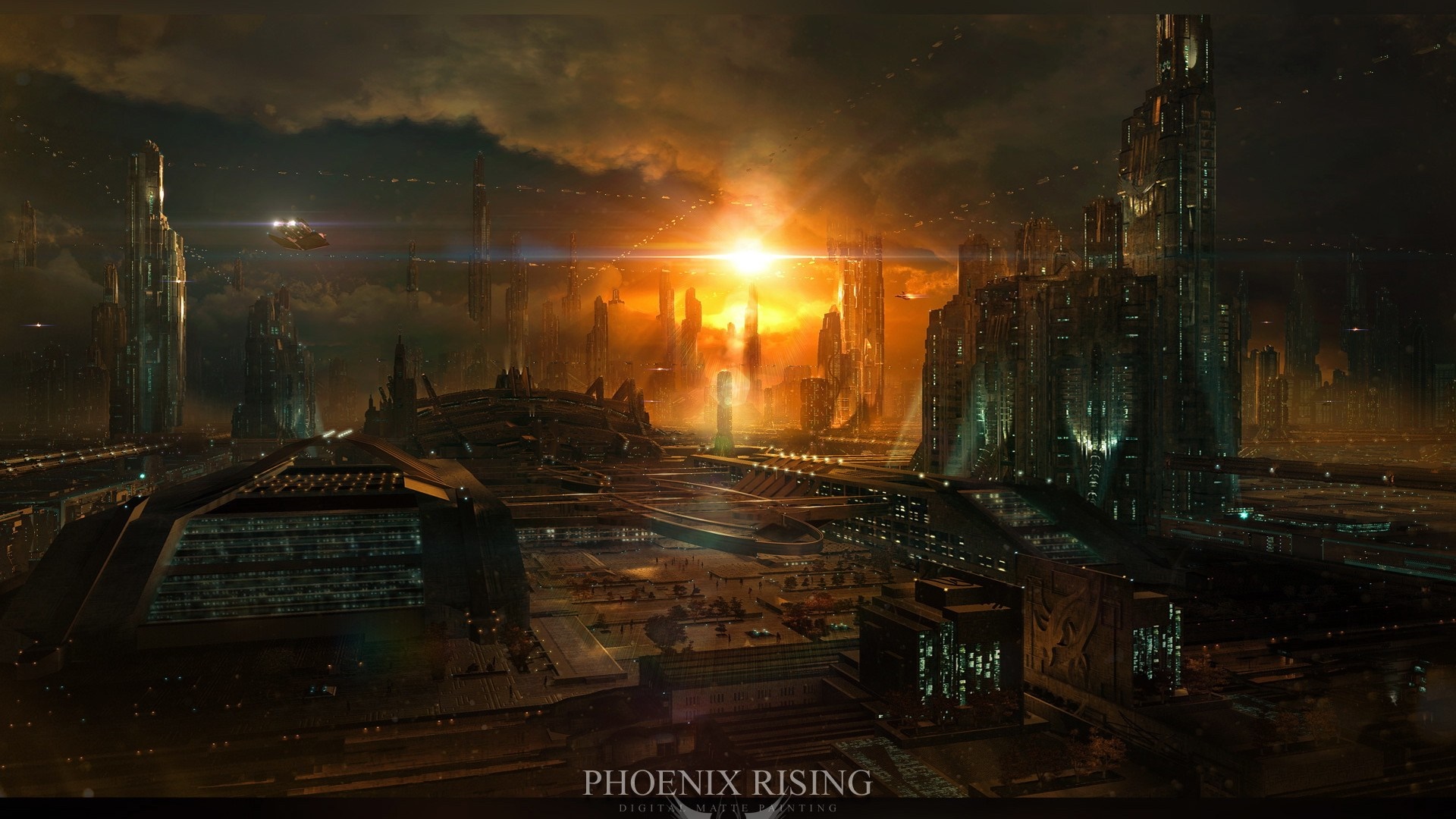 Phoenix Rising futuristic cityscape at sunset HD Wallpaper