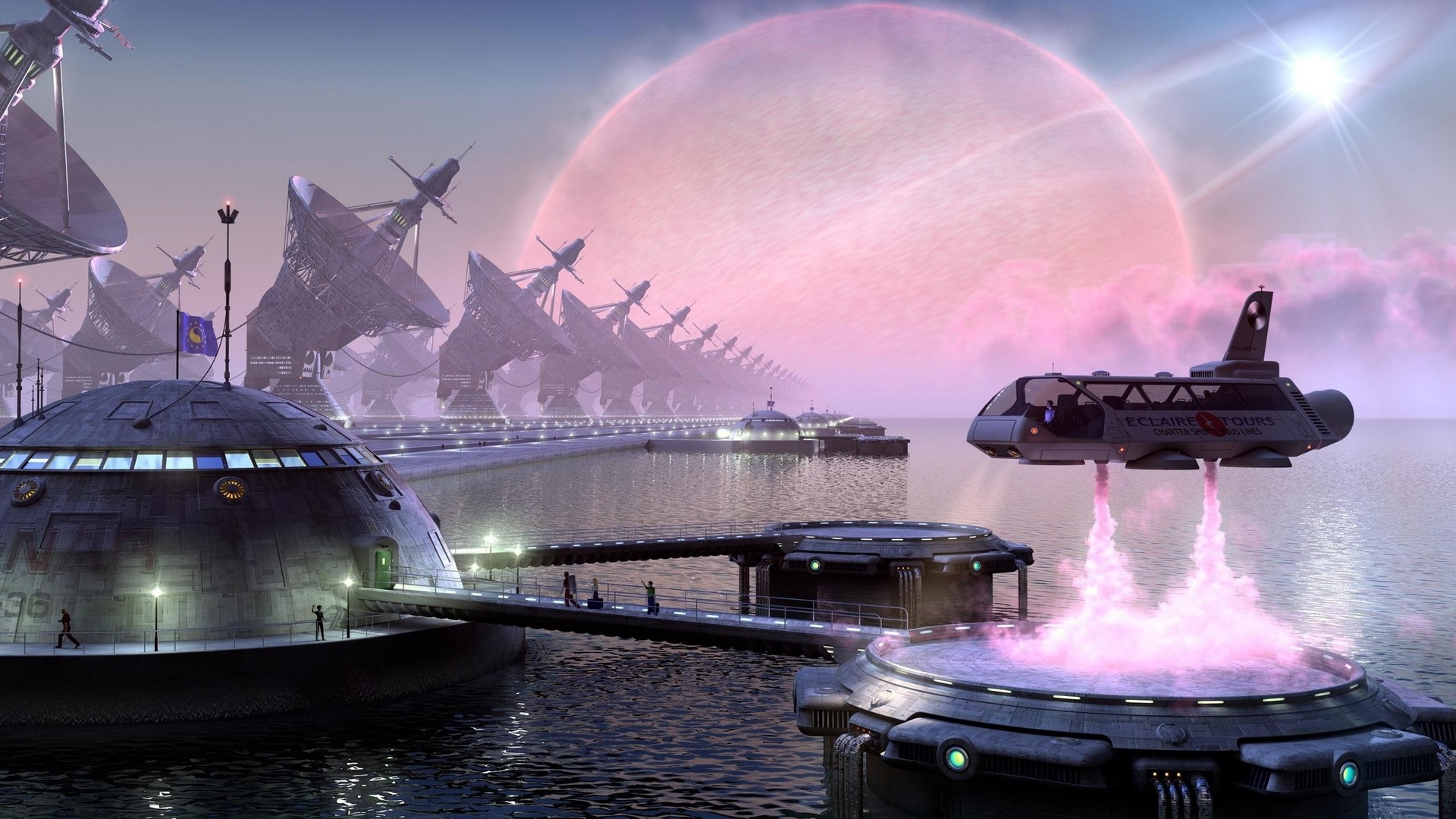Sci-fi space station with large satellite dishes and a flying vehicle HD Wallpaper