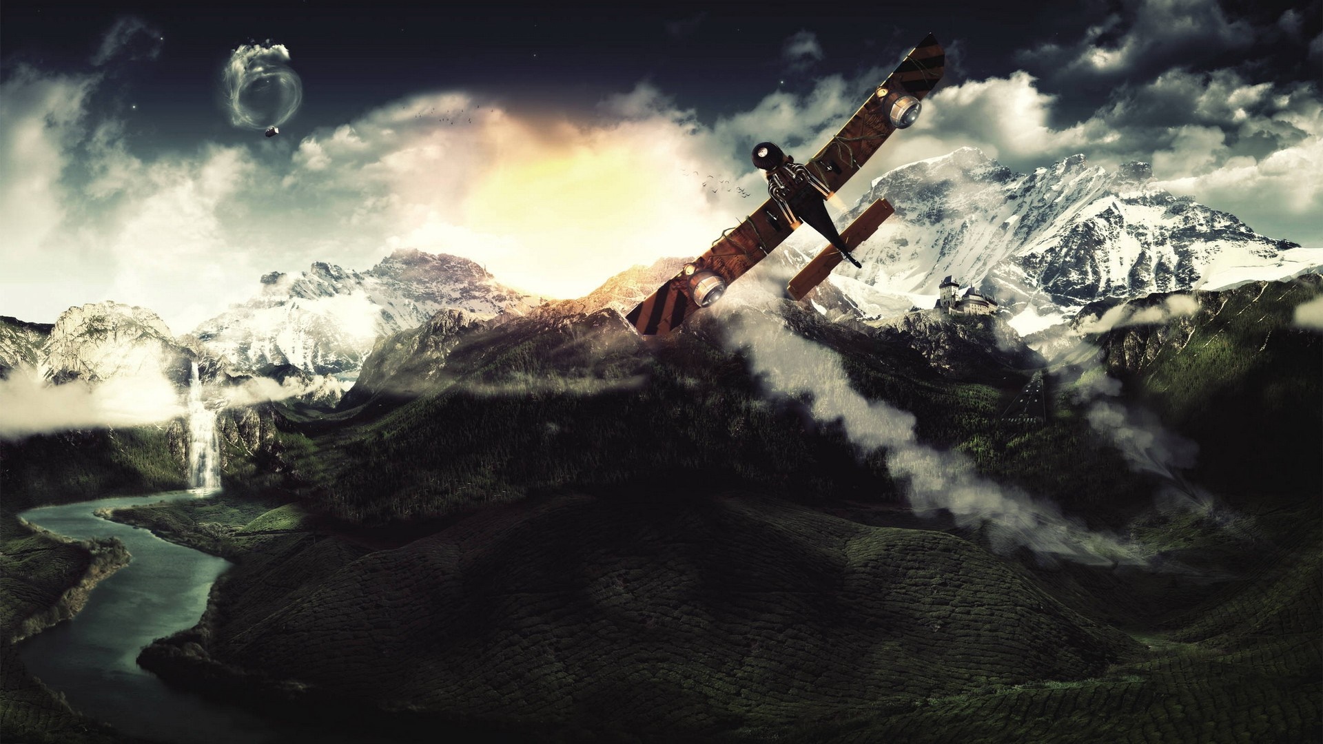 Airplane flying over mountains and river HD Wallpaper