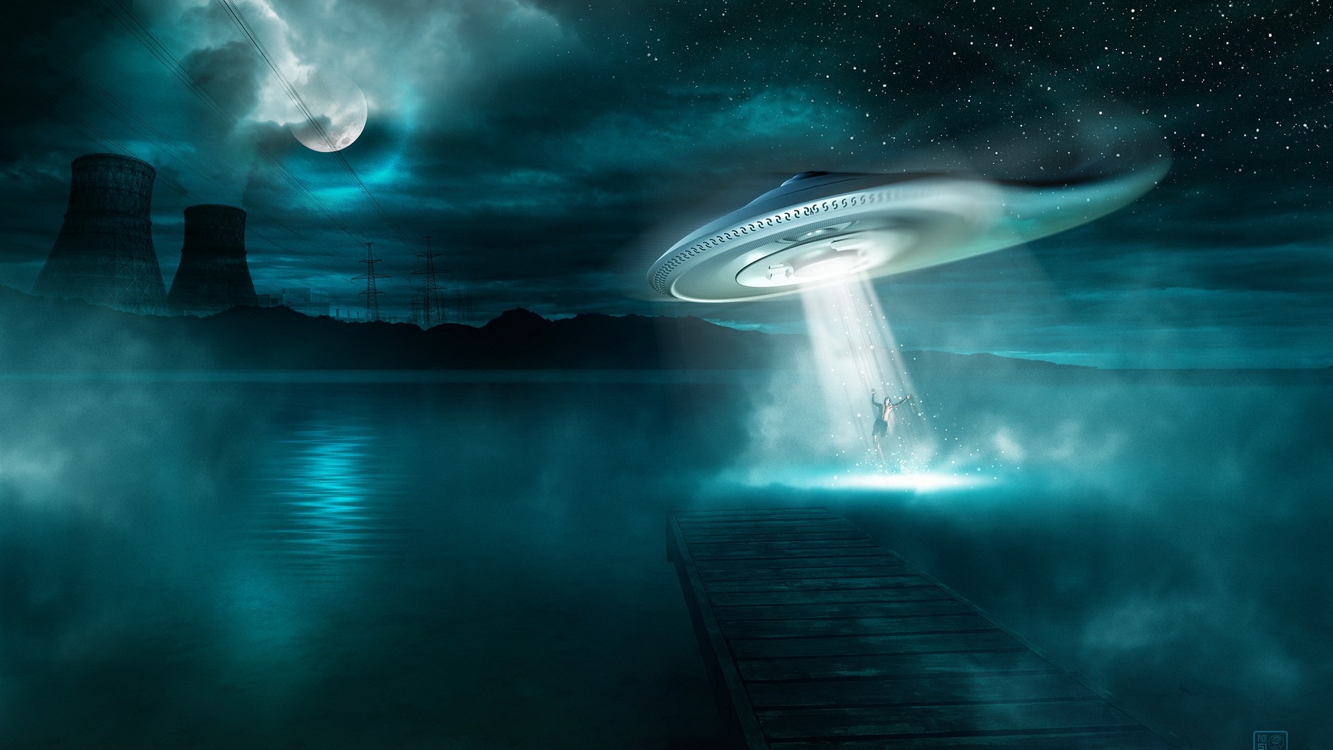 UFO abduction over a lake near cooling towers at night HD Wallpaper