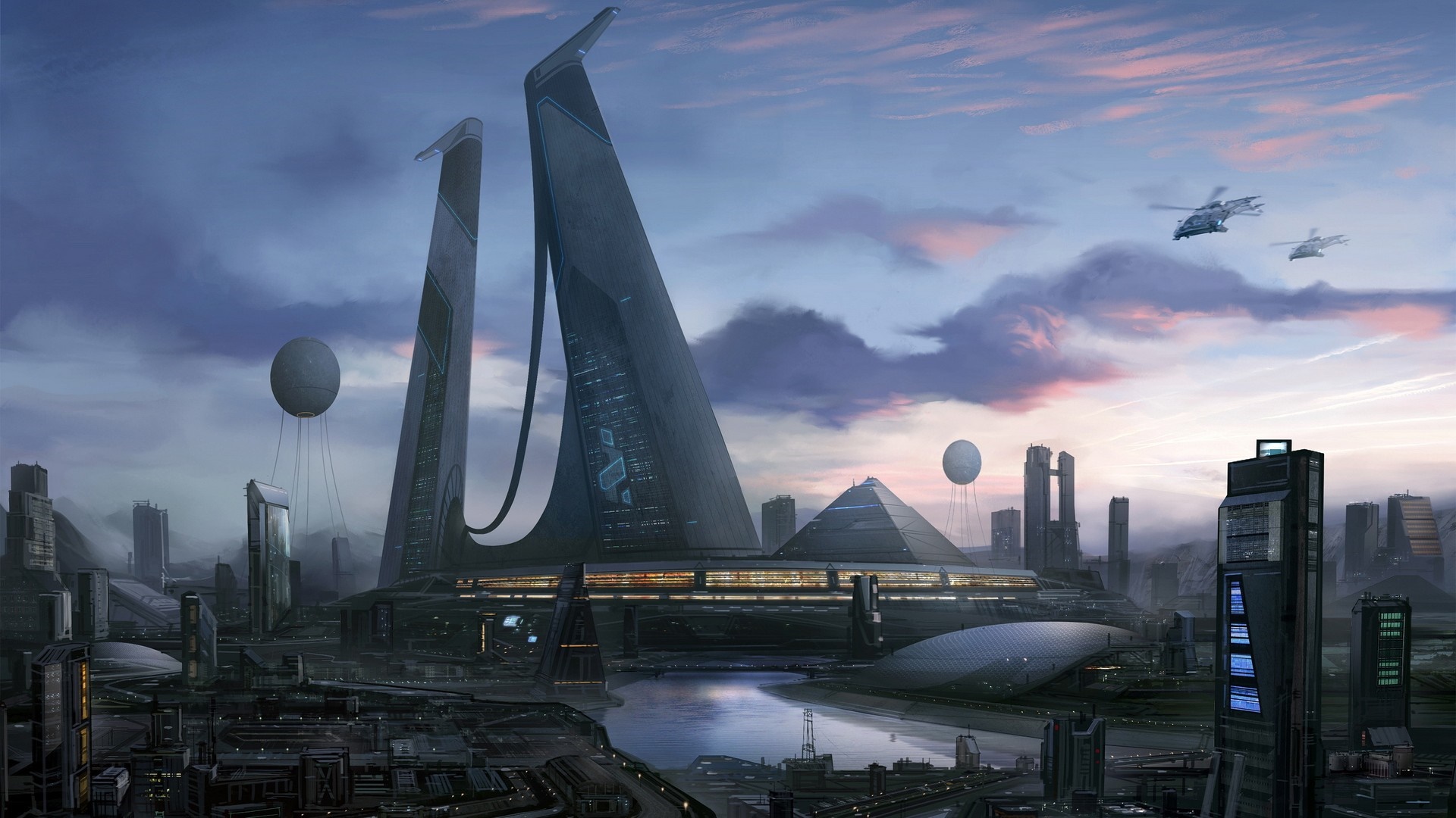 Futuristic cityscape at sunset with flying vehicles HD Wallpaper