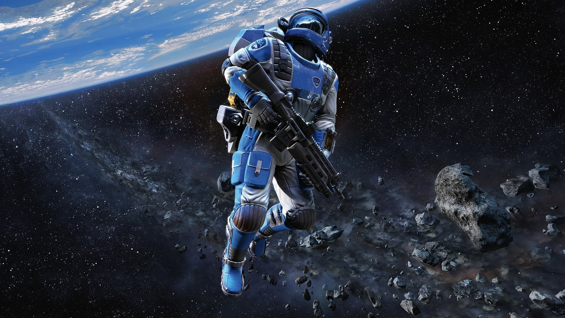 Astronaut with rifle in outer space near Earth HD Wallpaper