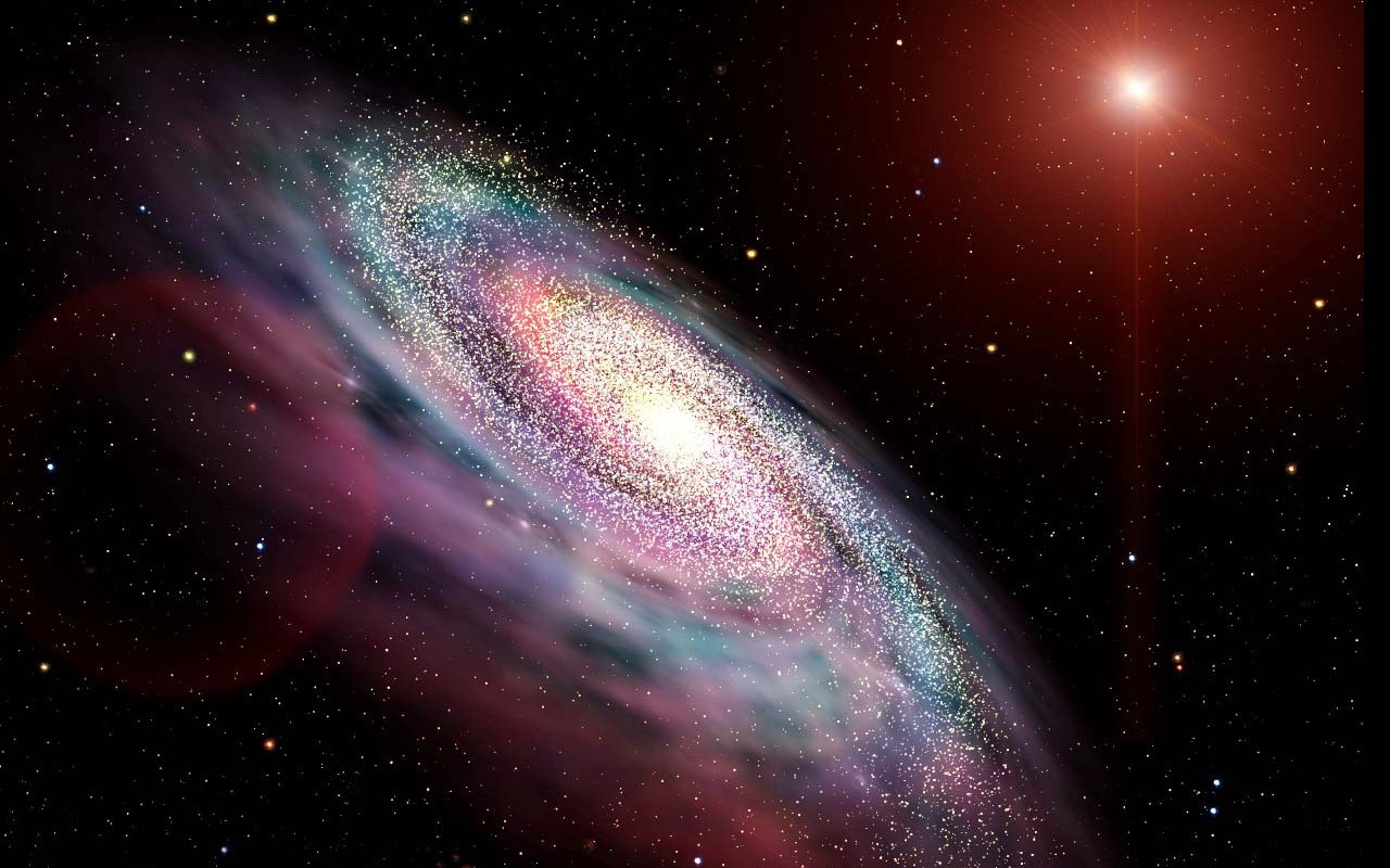Spiral galaxy with a bright star in space HD Wallpaper