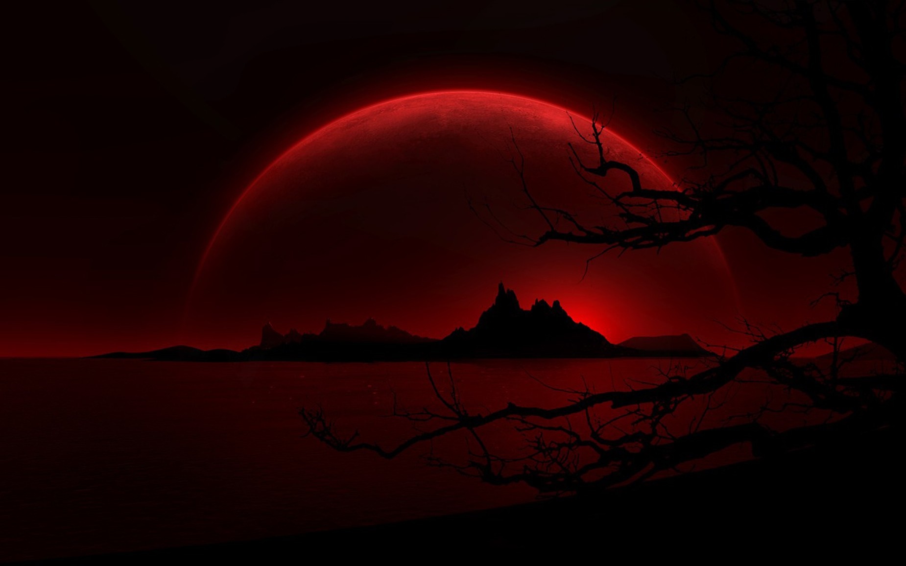 Red moon over dark landscape and sea HD Wallpaper