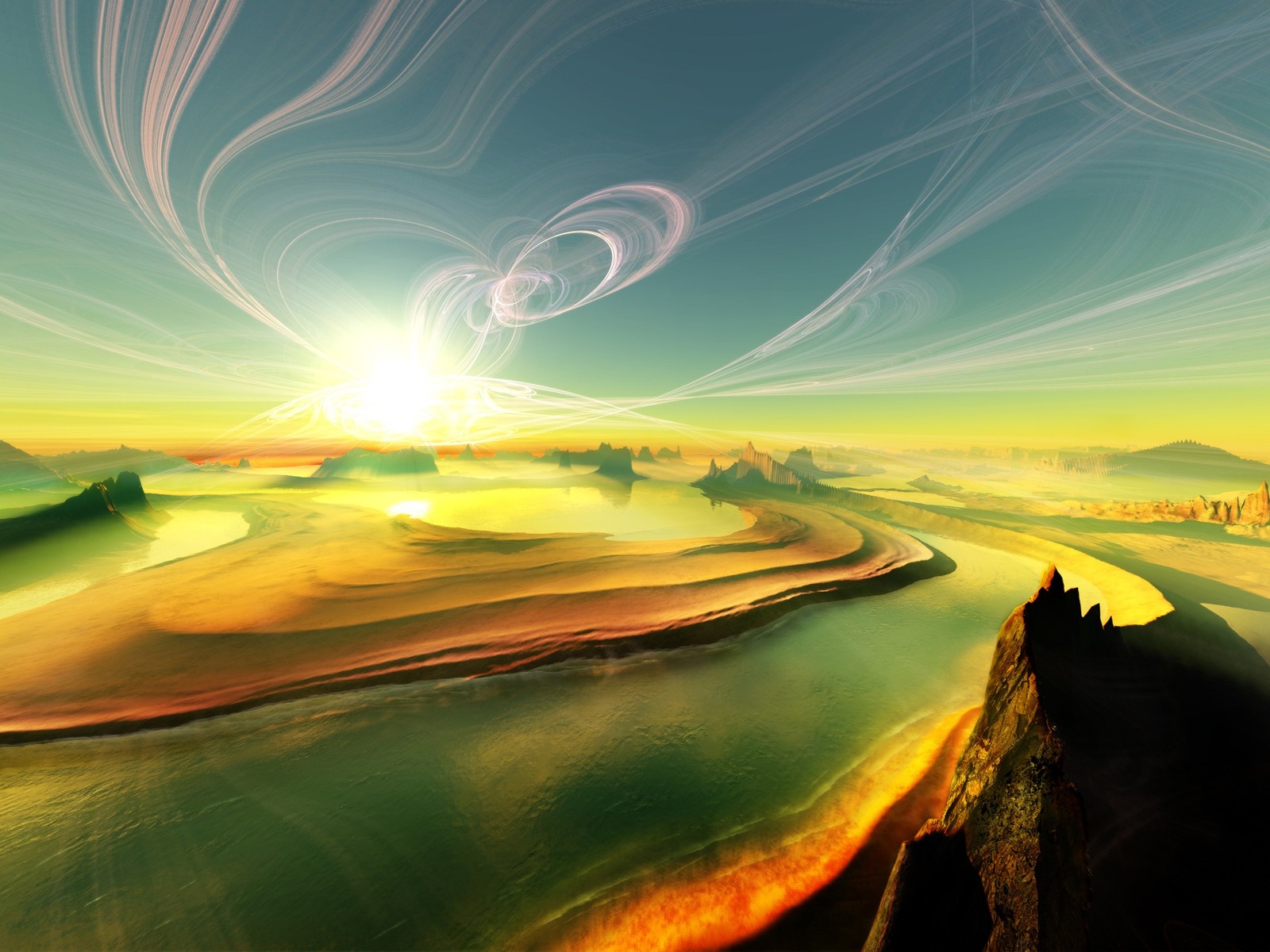 Surreal alien landscape with glowing sun and wispy clouds HD Wallpaper