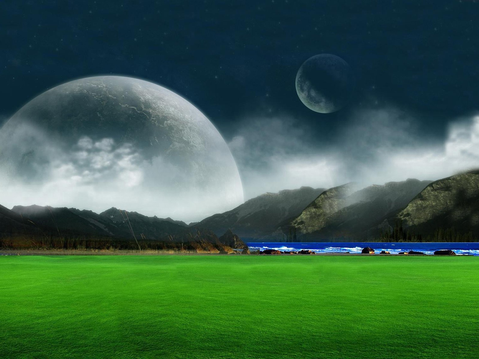Alien landscape with two moons and a grassy field HD Wallpaper