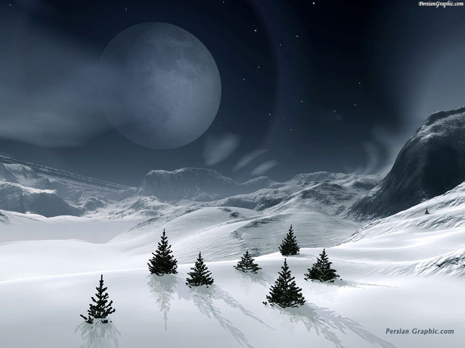 Snowy landscape with large moon and pine trees HD Wallpaper