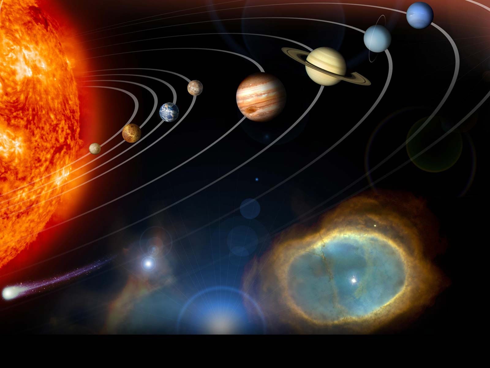 Solar system with planets orbiting the sun and a nebula HD Wallpaper