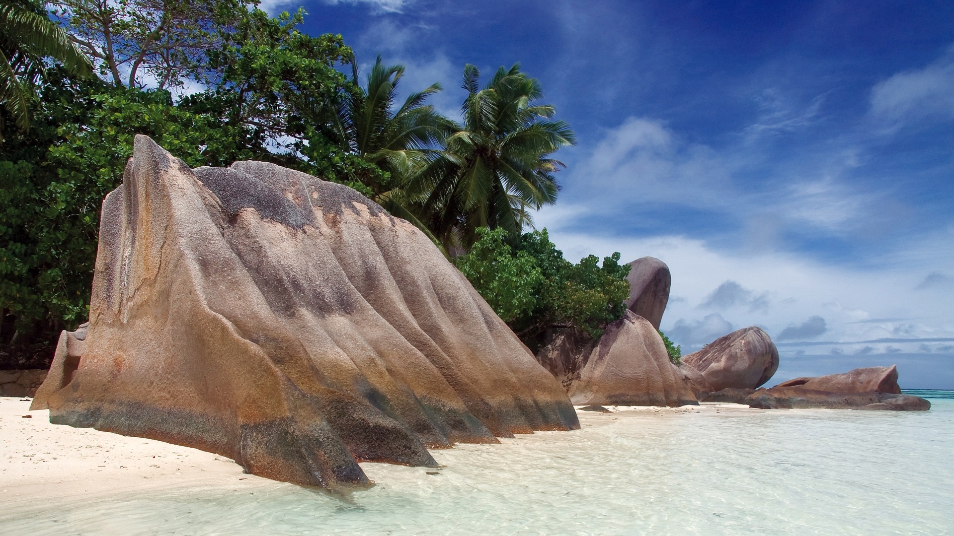Granite boulders on a tropical beach with palm trees HD Wallpaper
