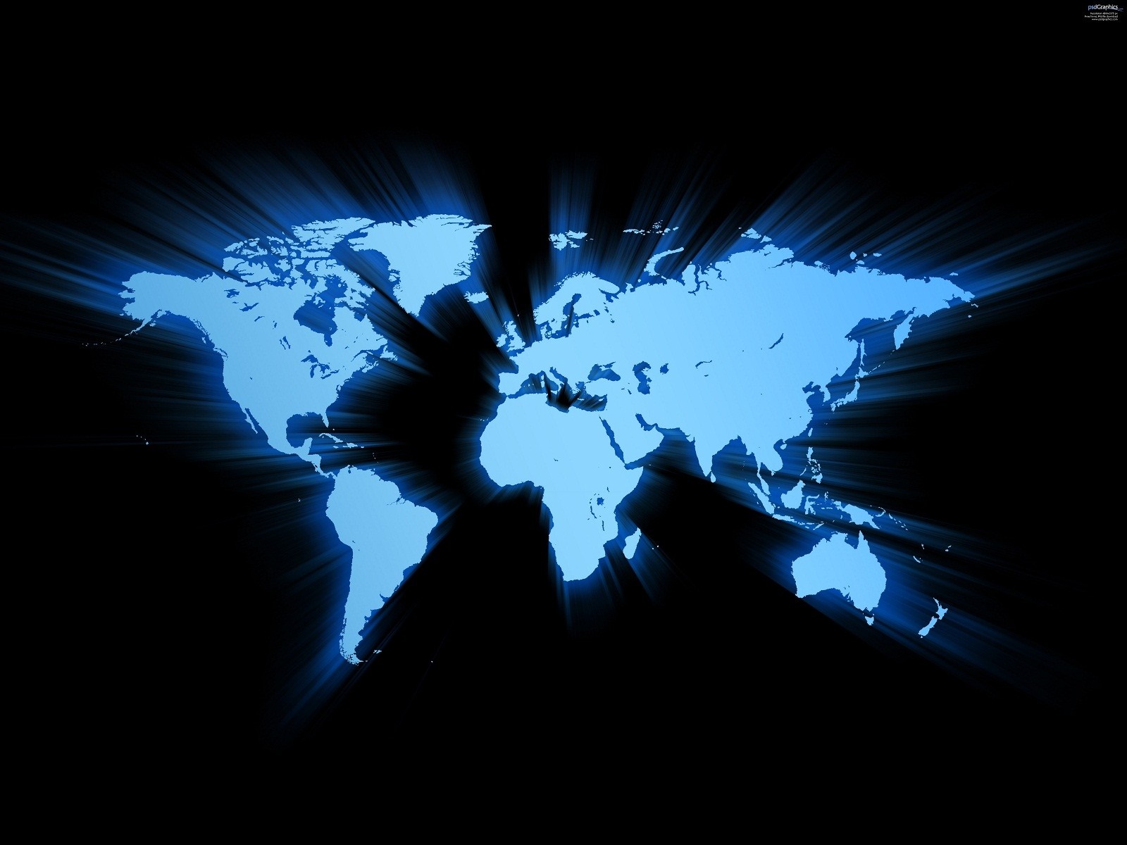 World map with blue continents and light rays HD Wallpaper