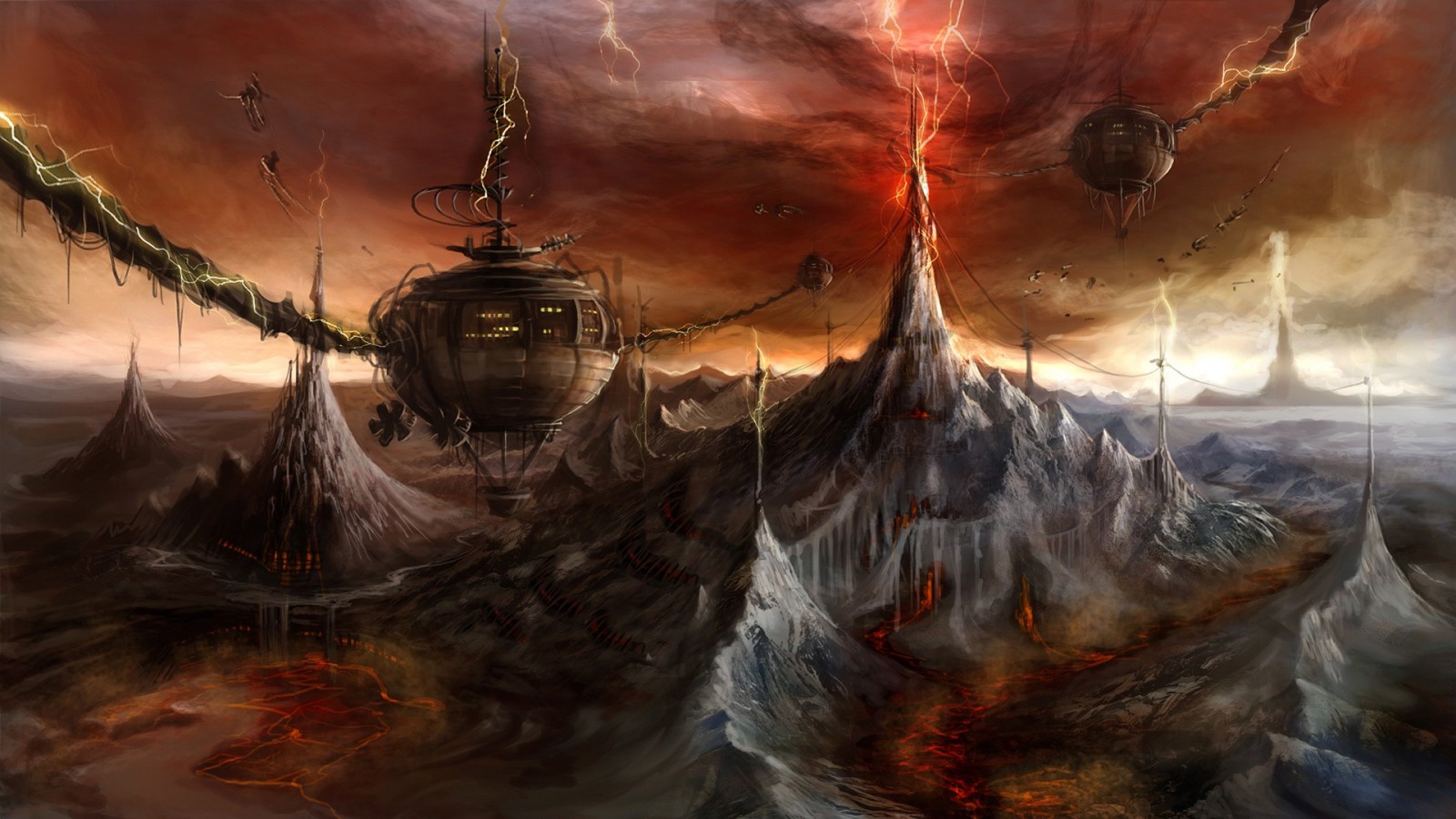 Fantasy landscape with volcanic mountains and futuristic structures HD Wallpaper