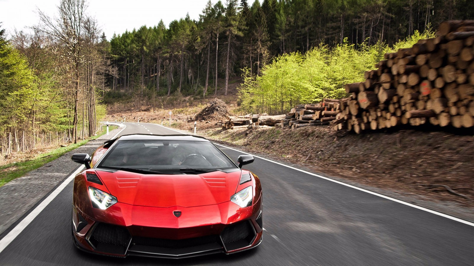 Red Lamborghini Aventador driving on a forest road HD Wallpaper