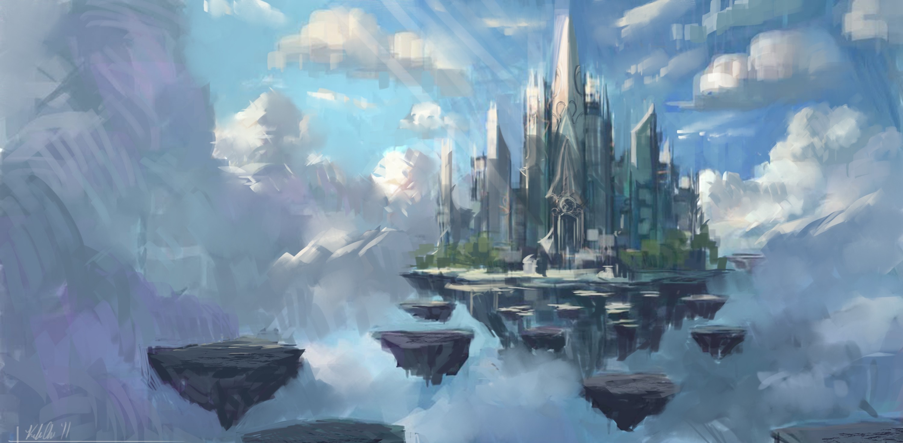 Floating islands with a fantasy city in the clouds HD Wallpaper