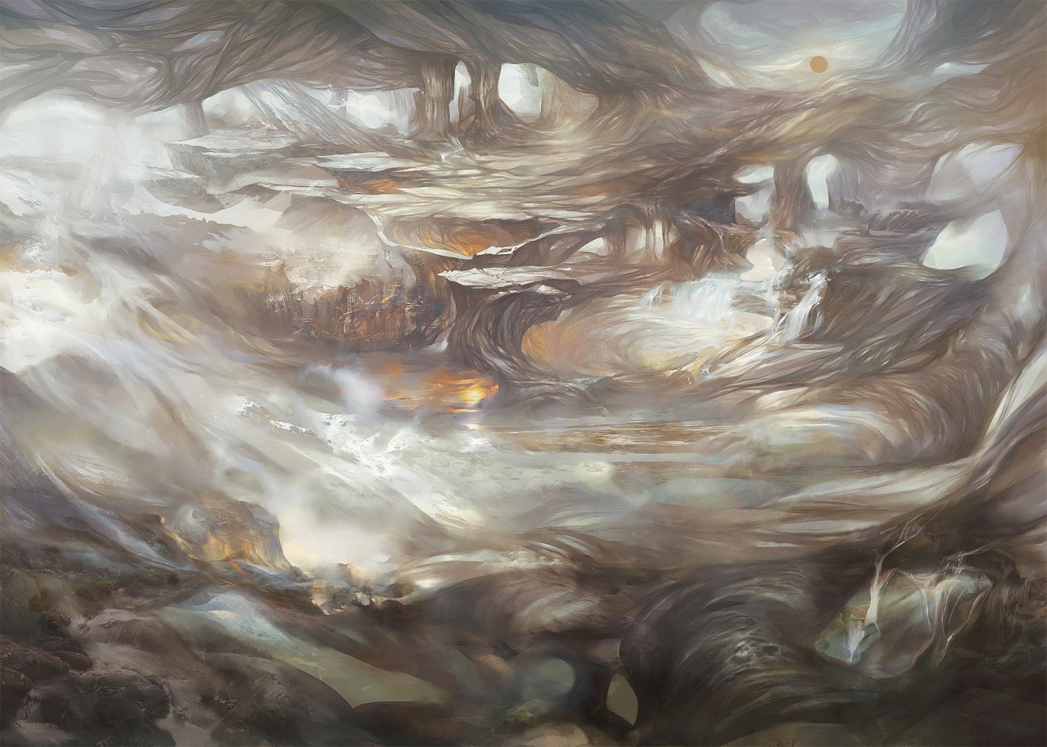 Fantasy landscape painting with surreal rock formations and water HD Wallpaper