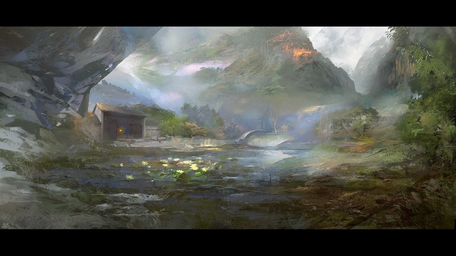Fantasy landscape with a house and a bridge HD Wallpaper