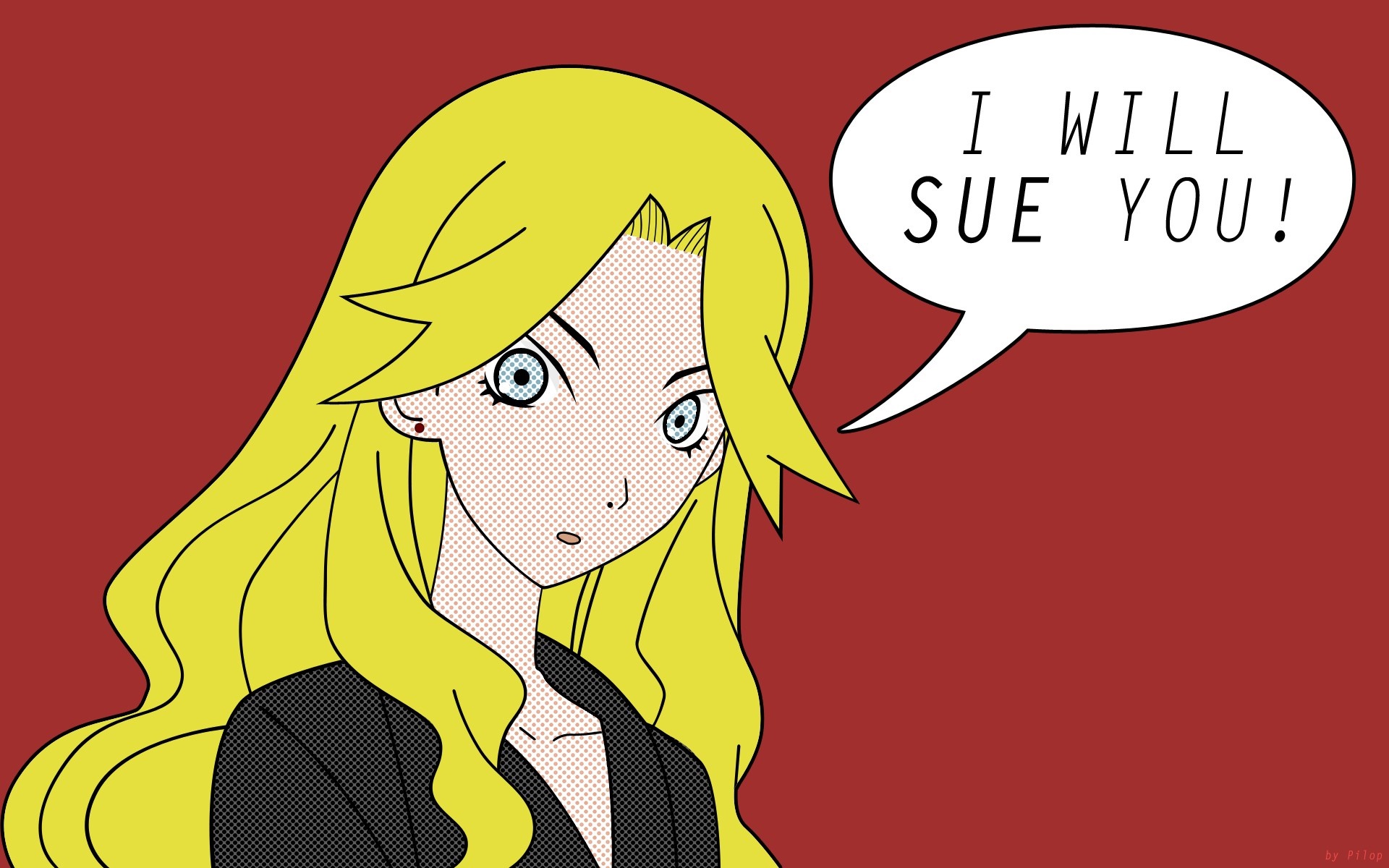 Illustration of a blonde anime girl saying "I WILL SUE YOU!" HD Wallpaper