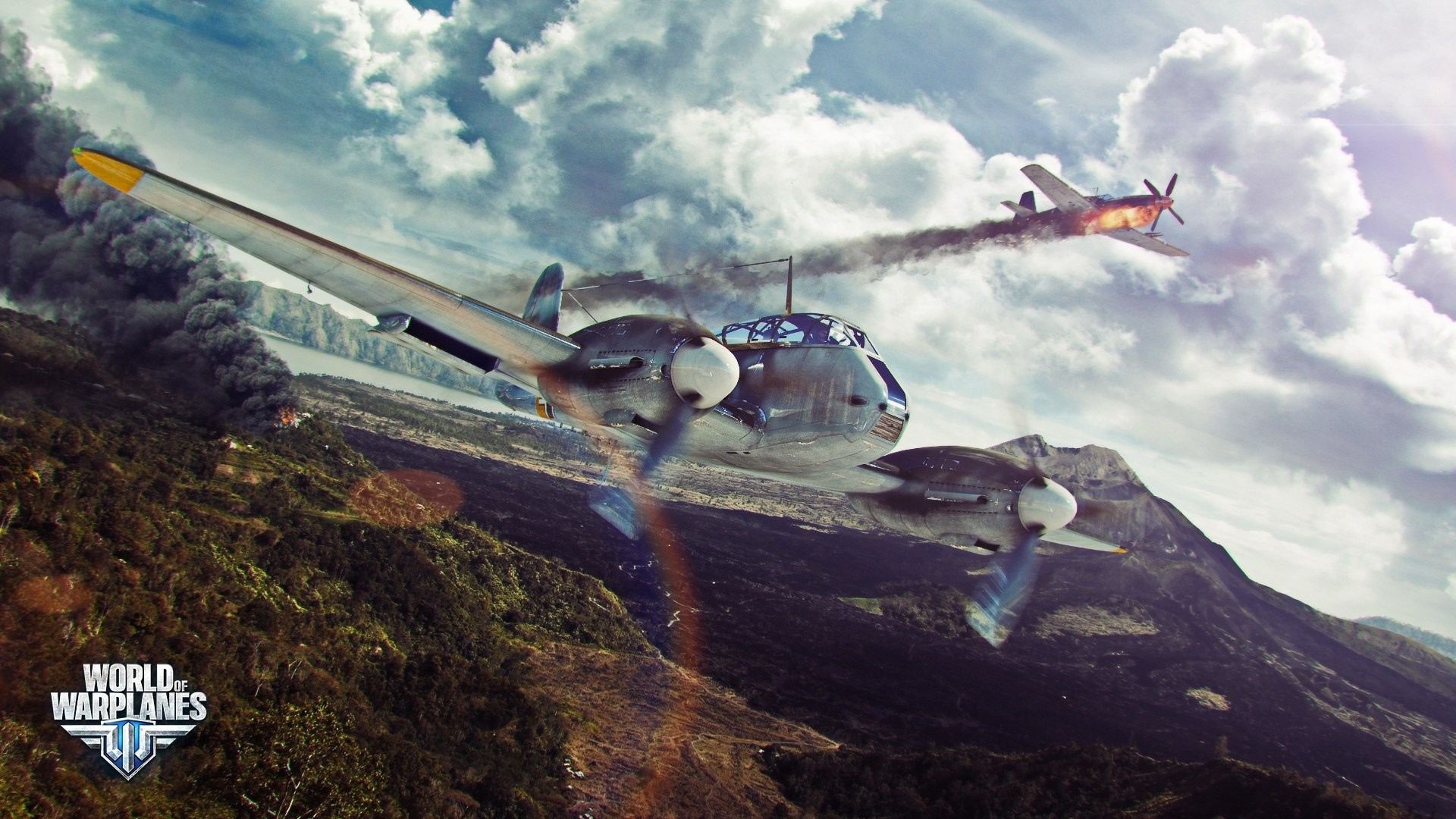 World of Warplanes aerial combat over mountains HD Wallpaper