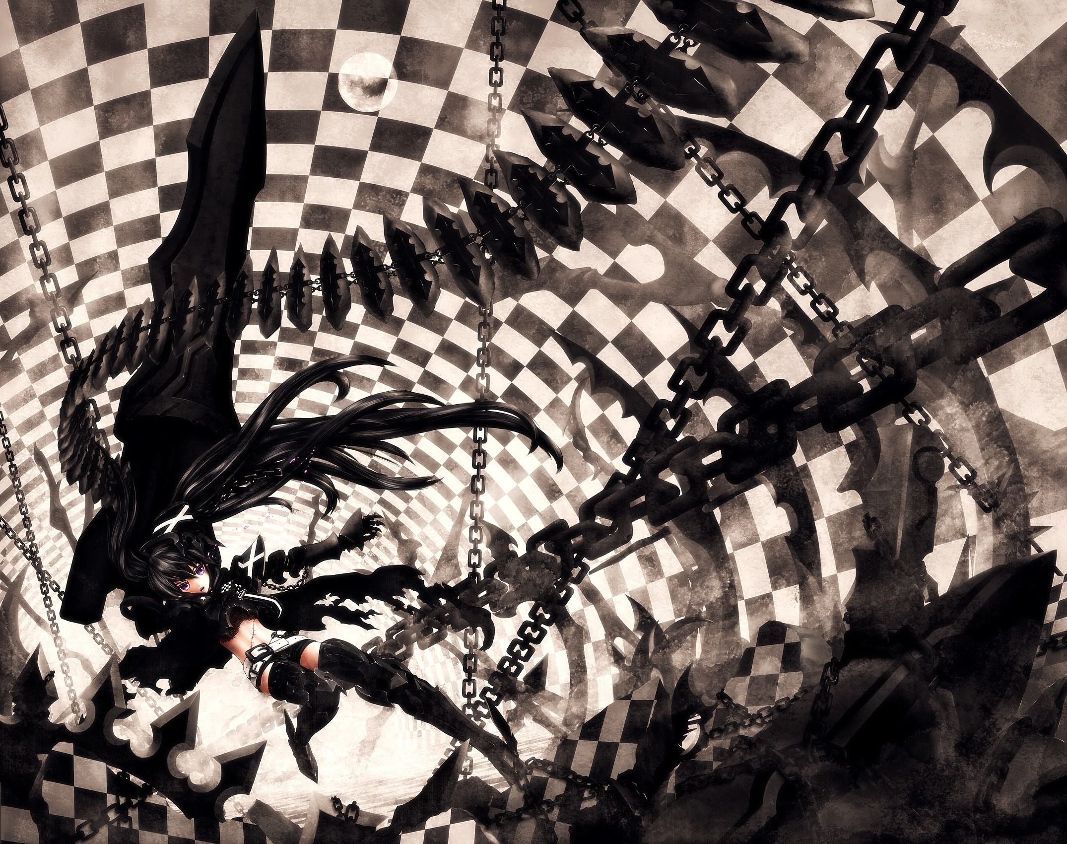 Black Rock Shooter with chains and checkered background HD Wallpaper
