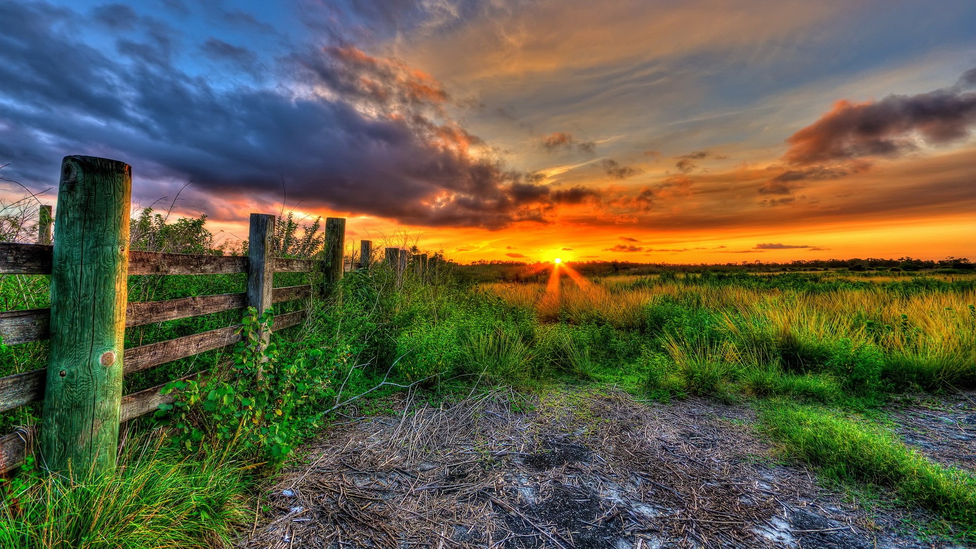 Sunset over a grassy field with a wooden fence HD Wallpaper