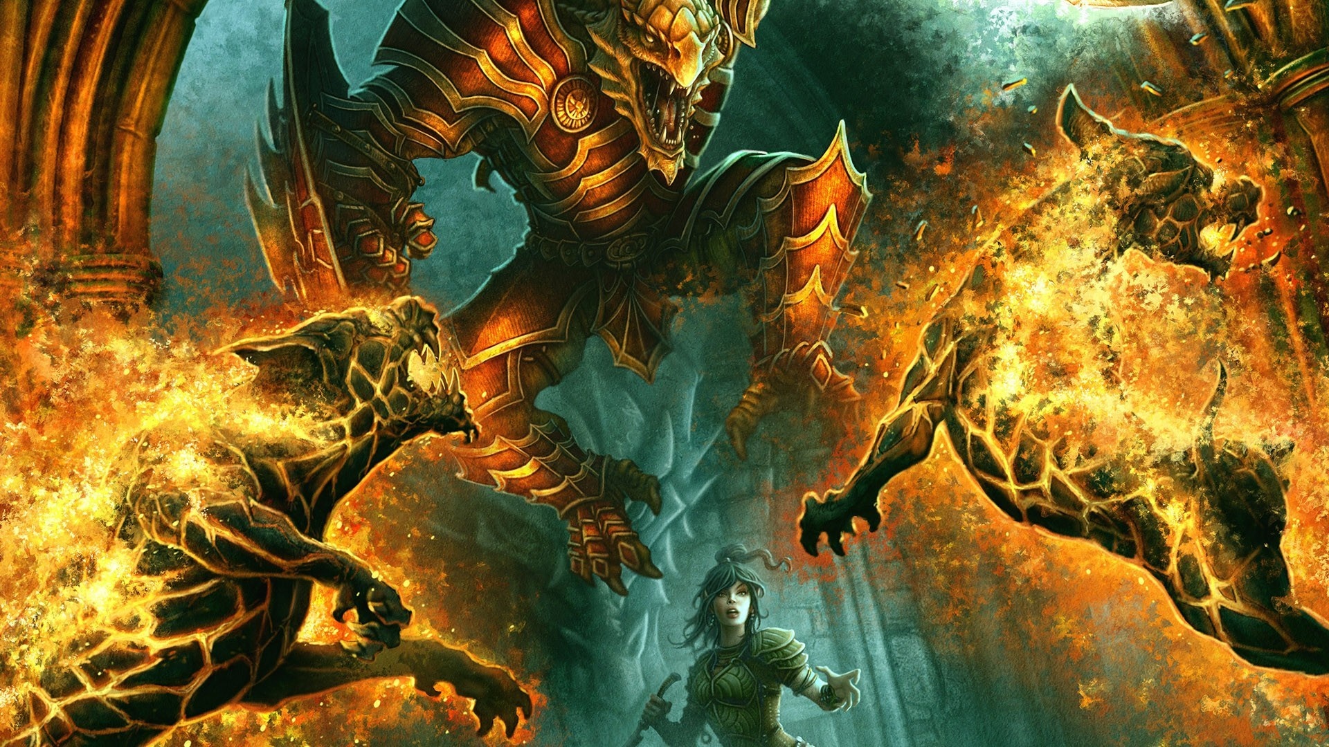 Dragon creature and fiery beasts attacking a warrior HD Wallpaper