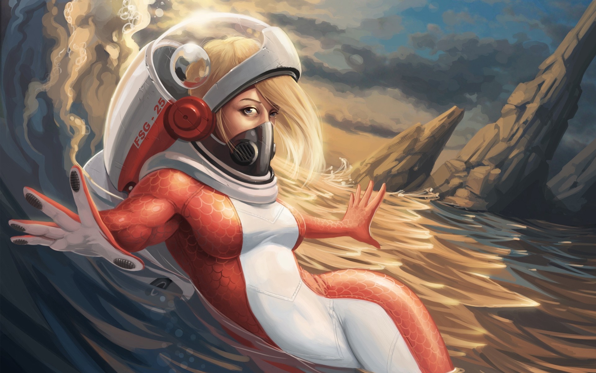 Woman in a spacesuit in the sea HD Wallpaper