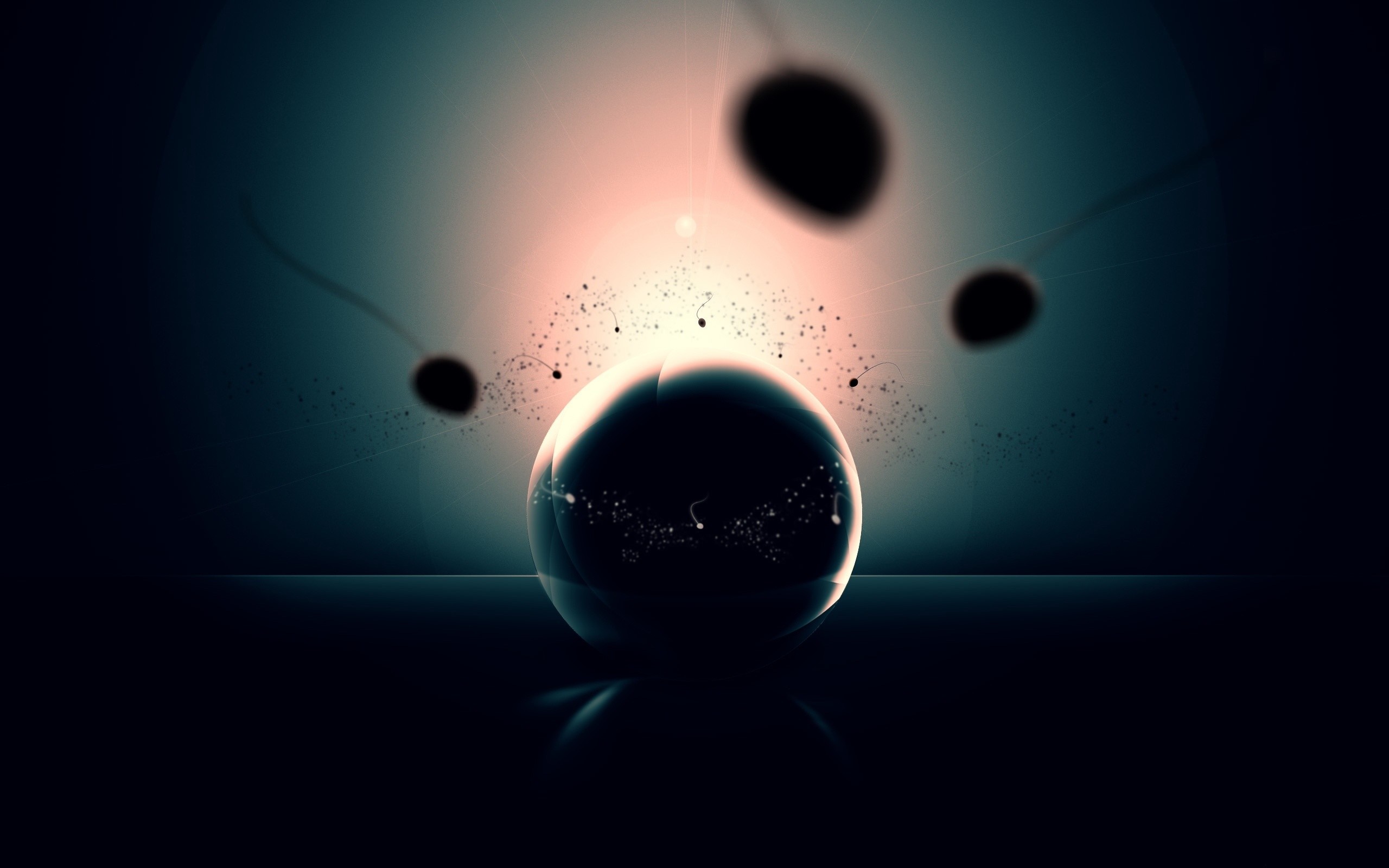 Abstract sphere with orbiting dark shapes and particles HD Wallpaper