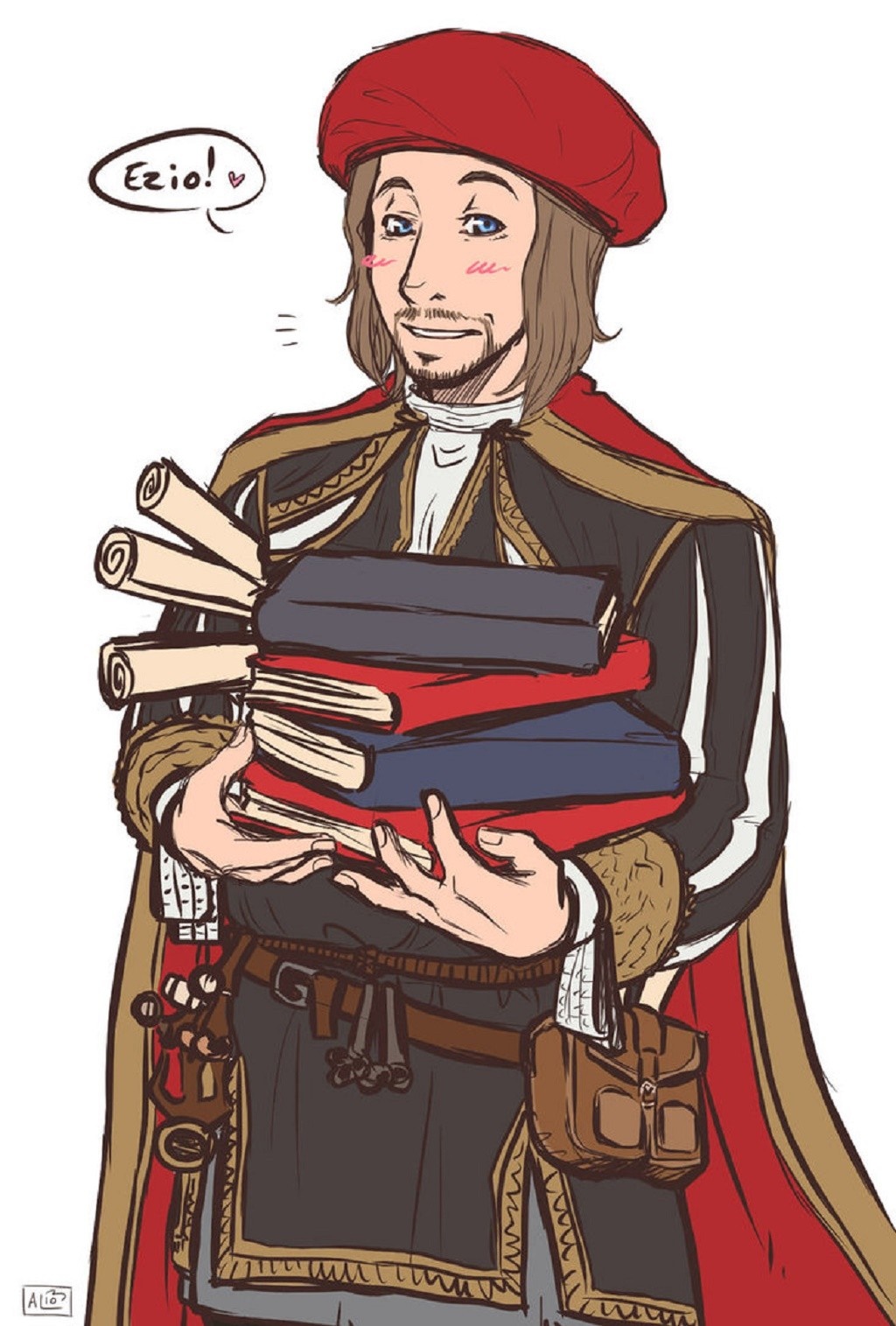 Ezio from Assassin's Creed holding books and scrolls HD Wallpaper