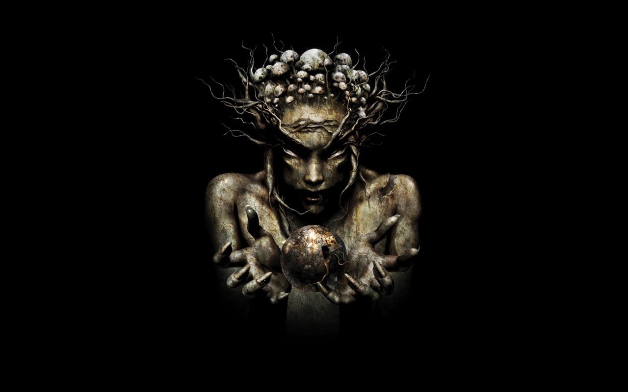 Sculpture of a figure with a crown of mushrooms holding the Earth HD Wallpaper