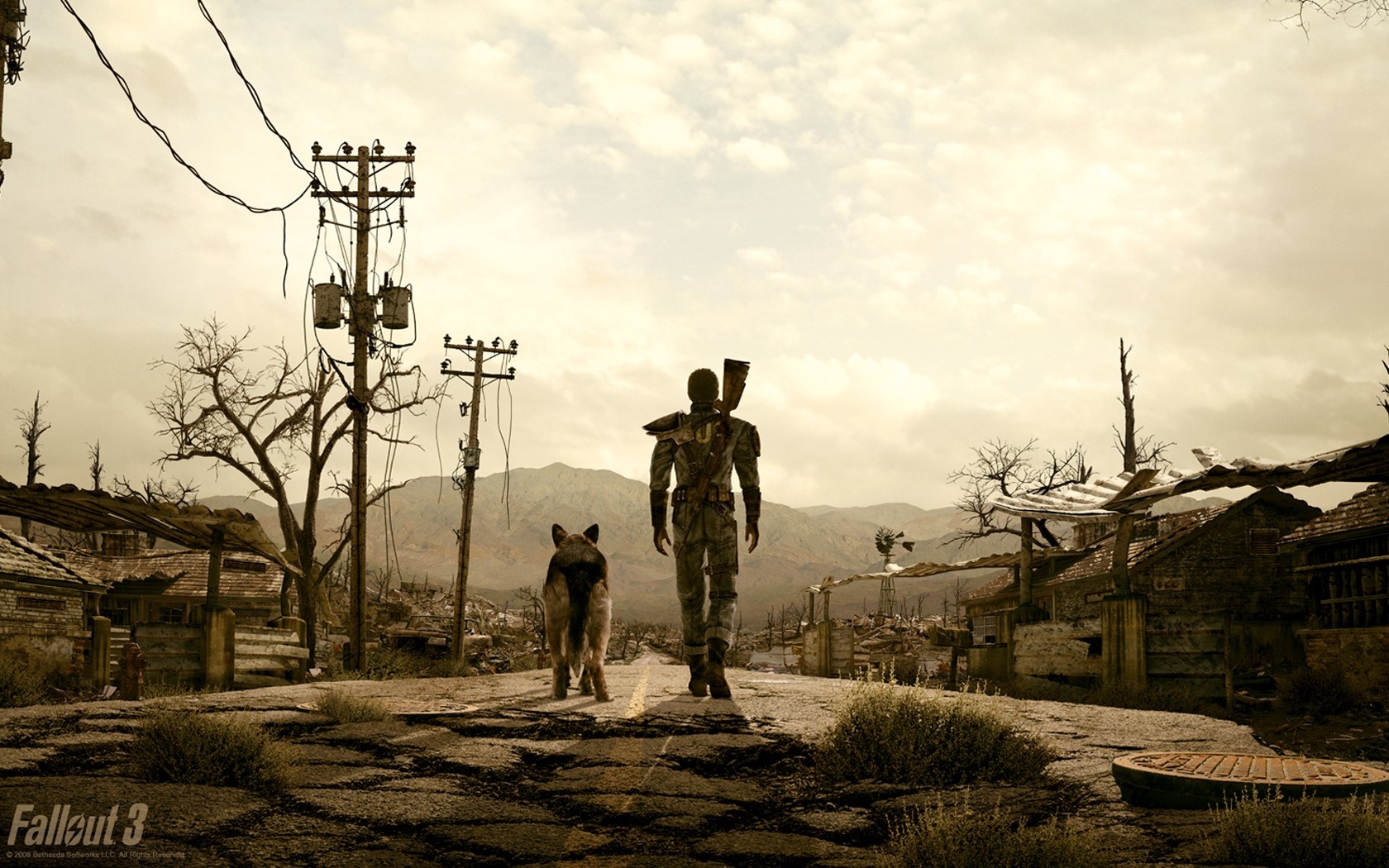 Man and dog in a post-apocalyptic Fallout 3 landscape HD Wallpaper