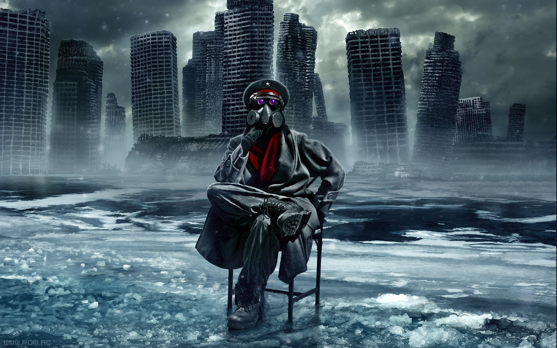 Man in gas mask in ruined city HD Wallpaper