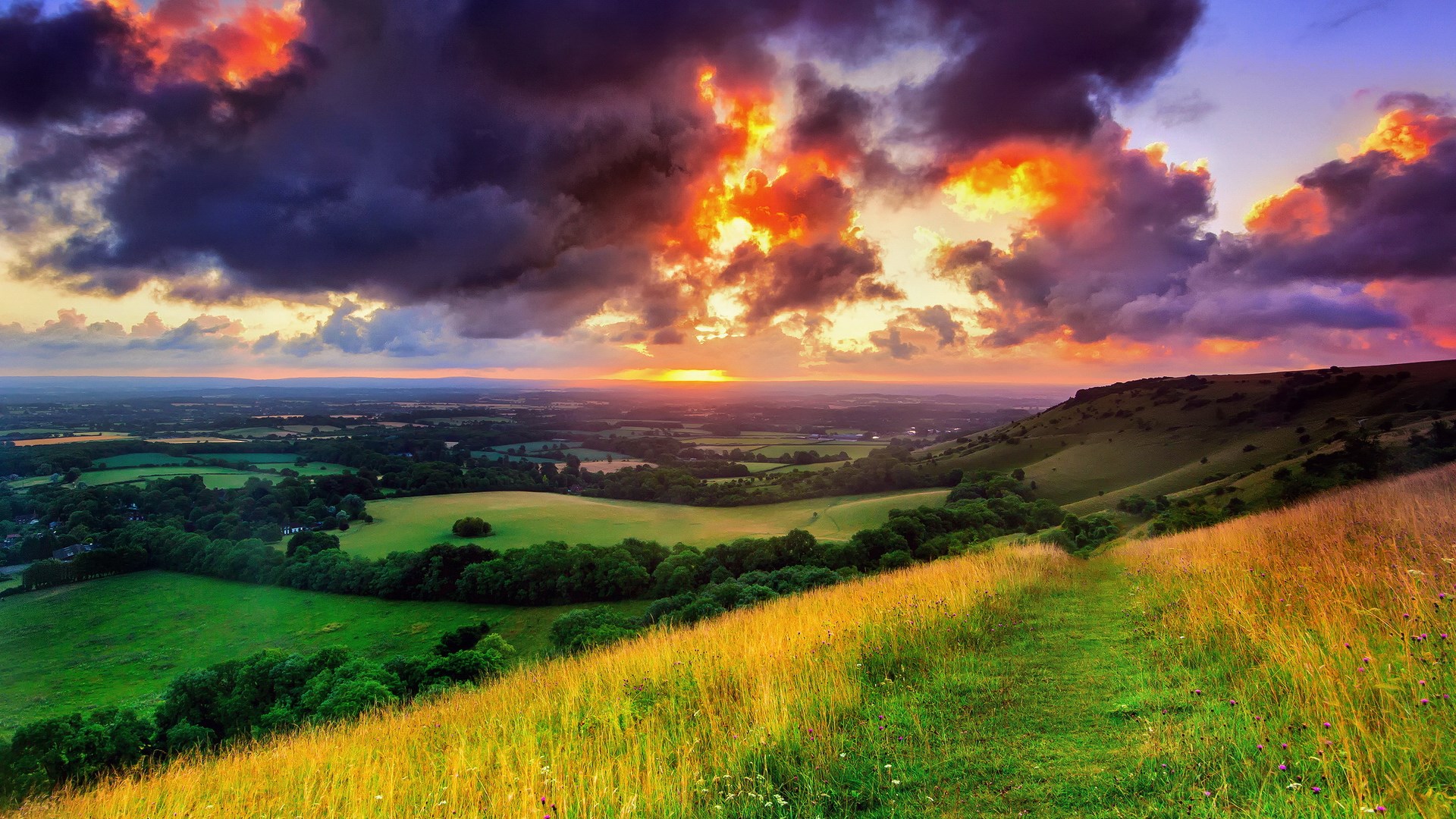 Sunset over rolling green hills and fields HD Wallpaper