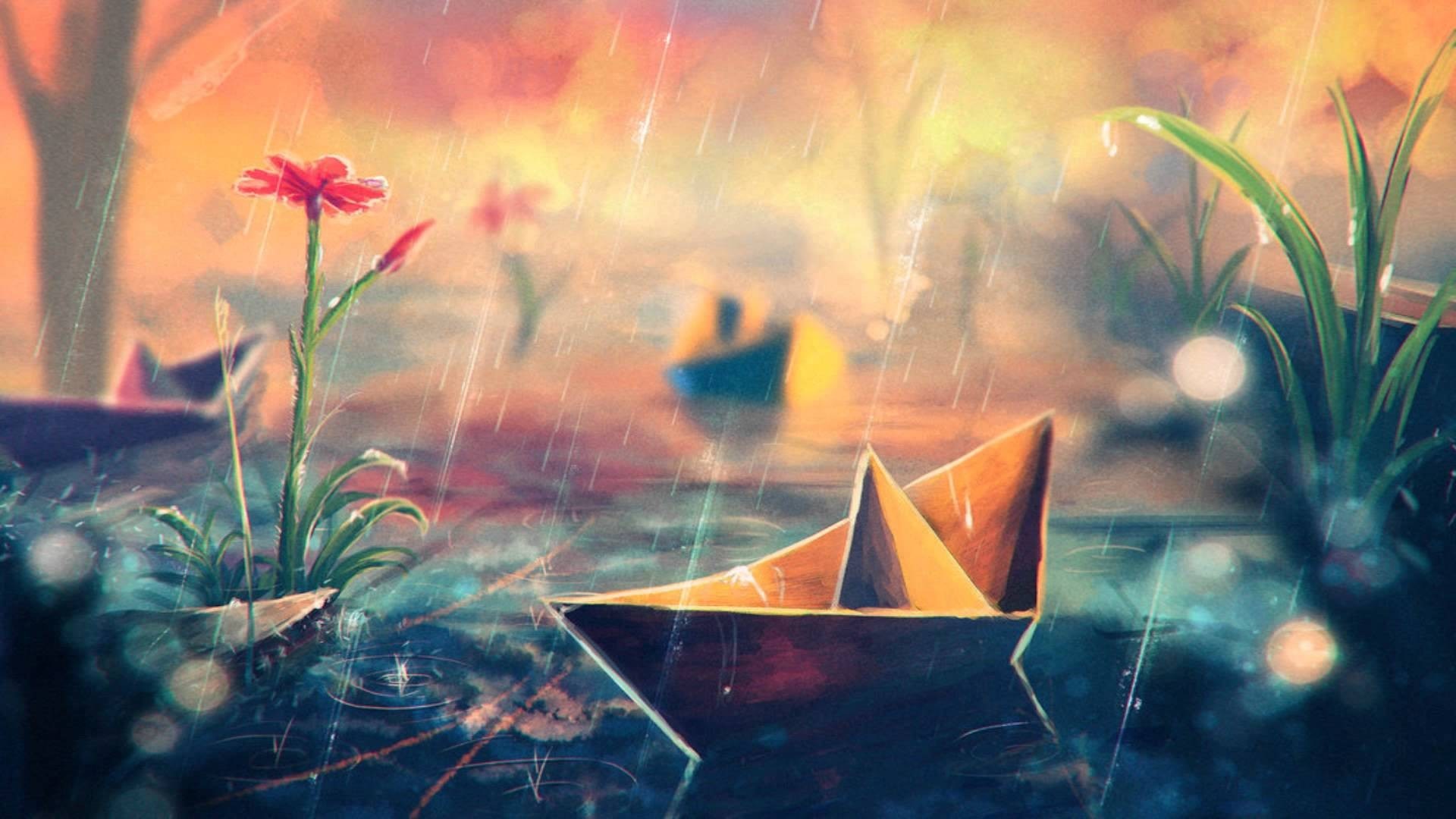 Paper boats and flowers in the rain HD Wallpaper