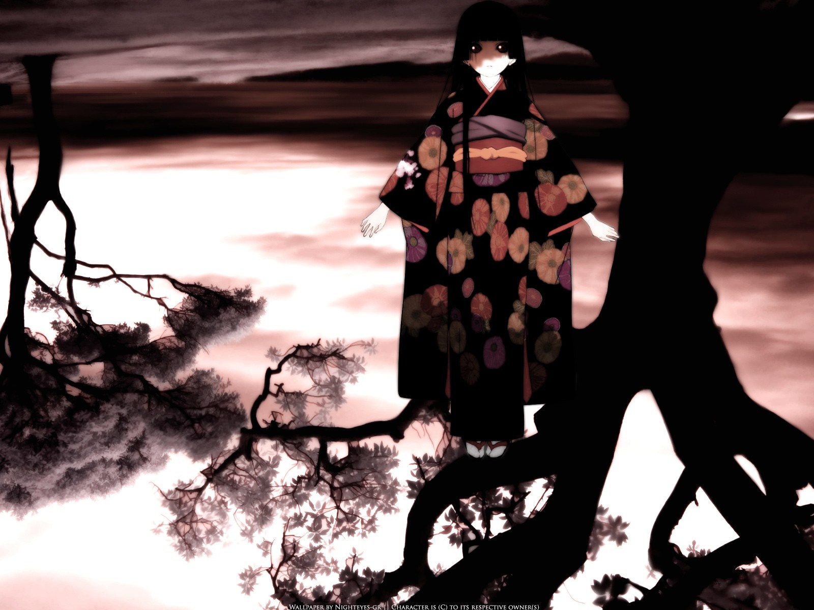 Enma Ai from Jigoku Shoujo in a kimono on a tree HD Wallpaper