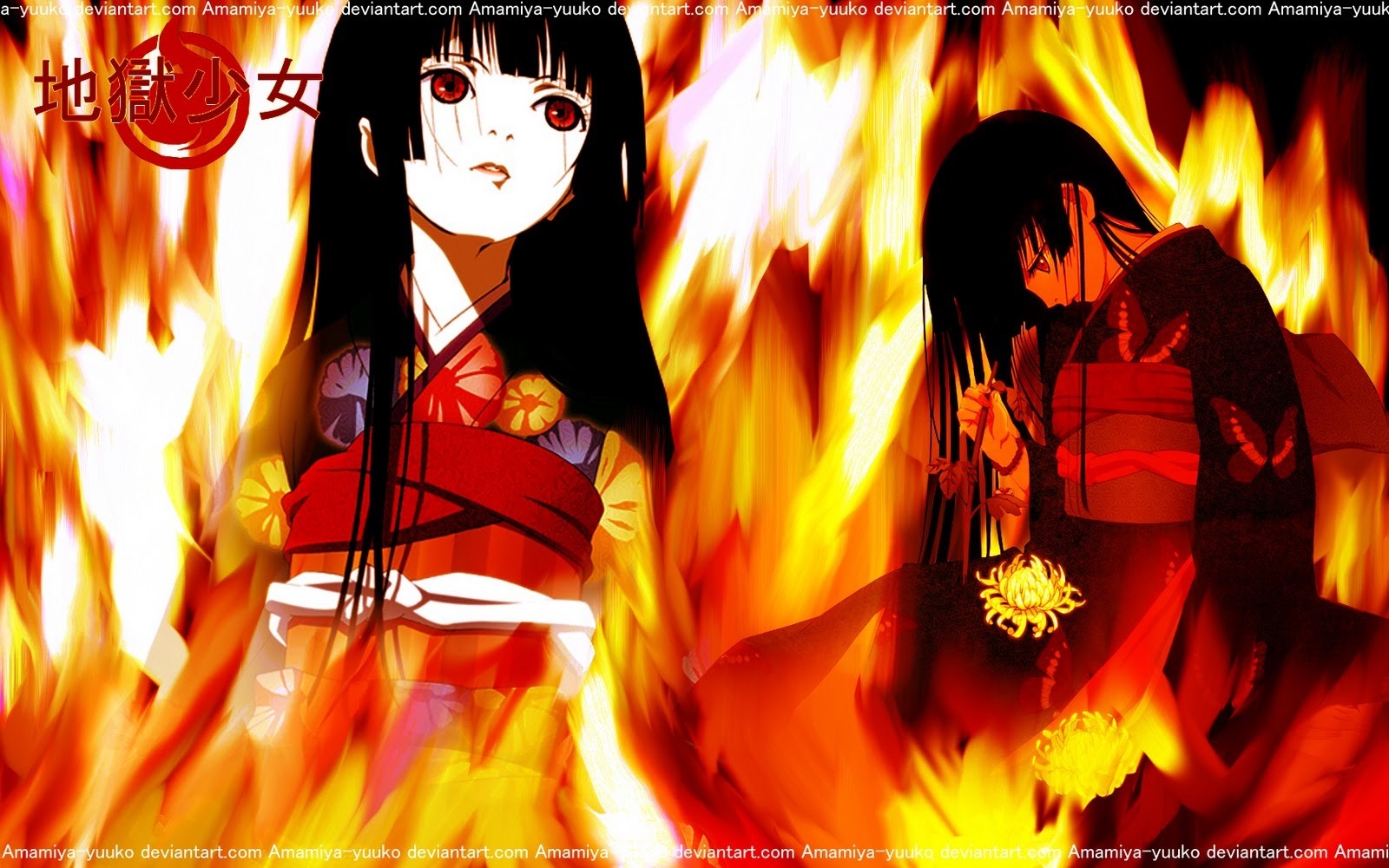 Enma Ai from Jigoku Shoujo surrounded by fire HD Wallpaper