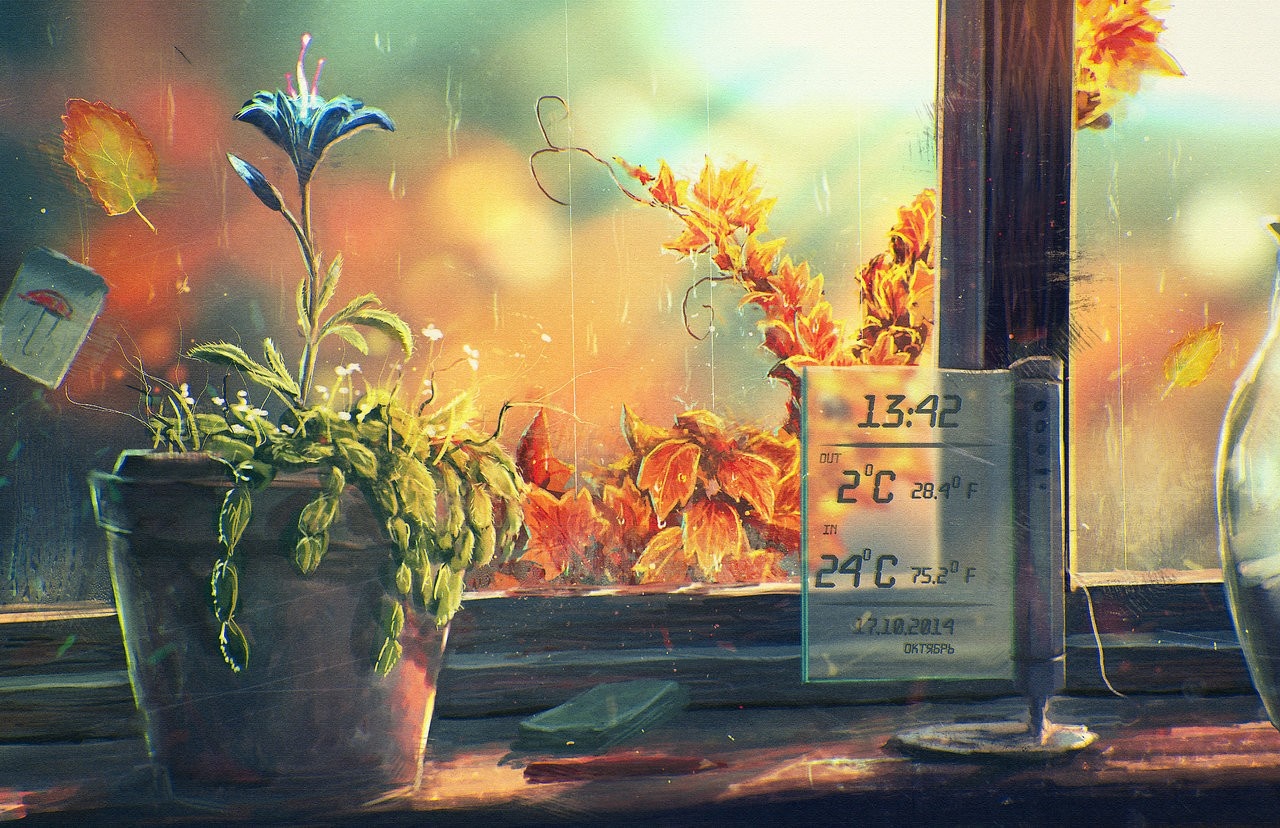 Digital painting of a window view with a plant and thermometer HD Wallpaper