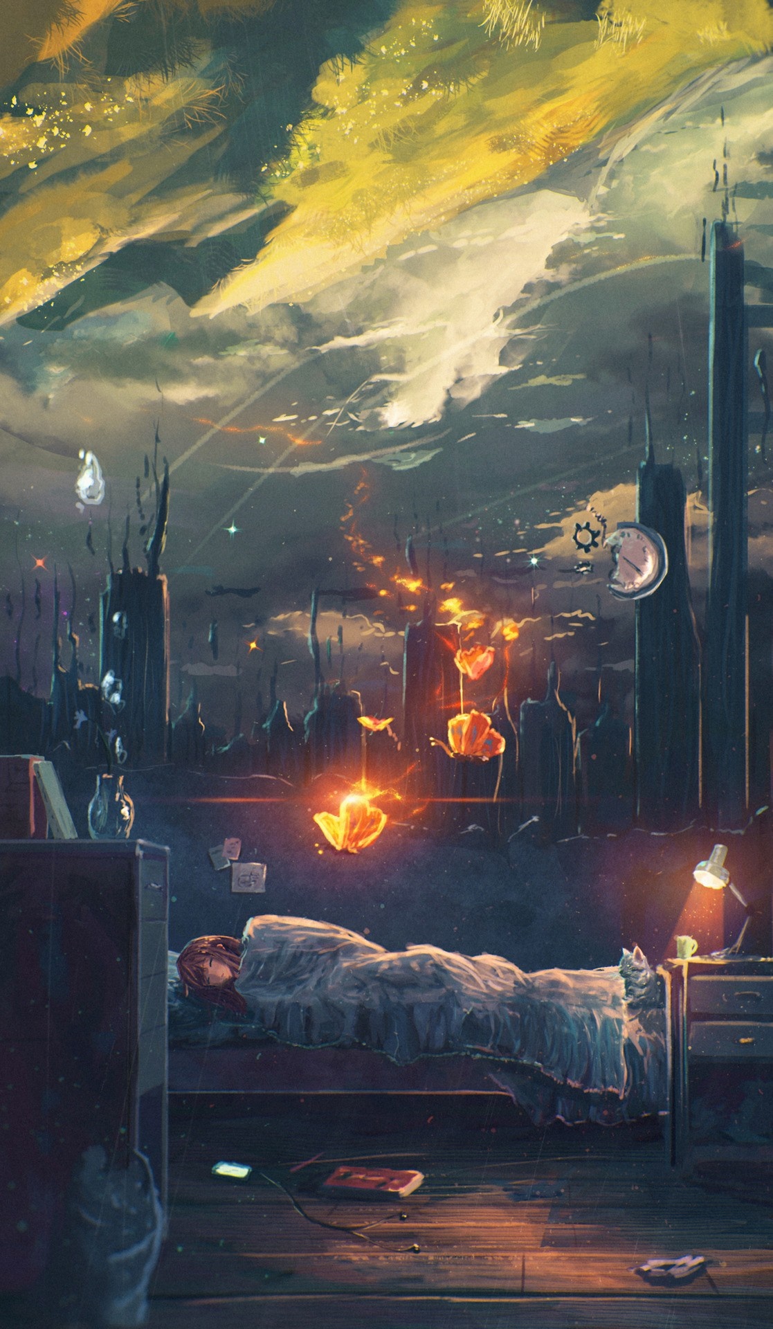Girl sleeping in bed with surreal dreamscape HD Wallpaper