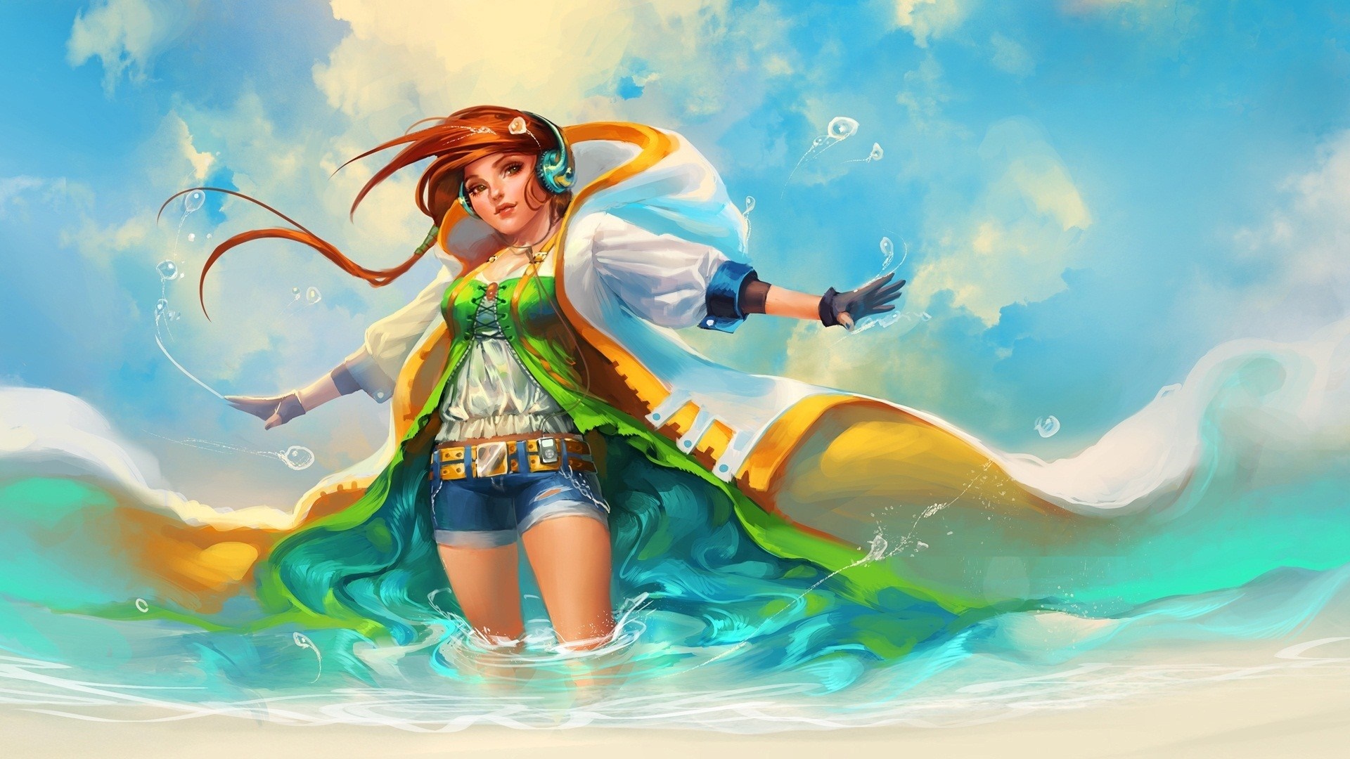 Anime girl with headphones in water HD Wallpaper