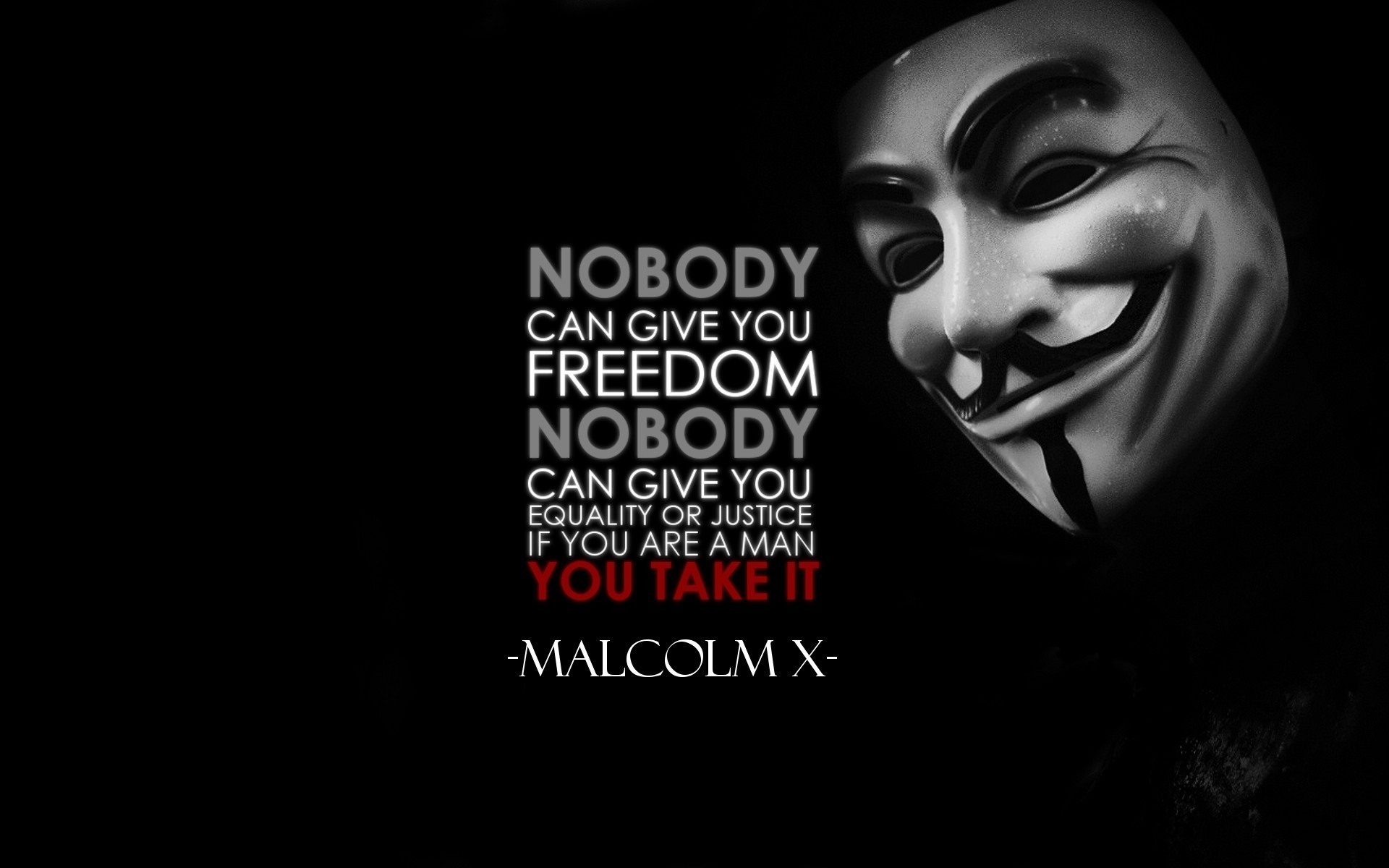 Malcolm X quote about freedom and justice with Anonymous mask HD Wallpaper