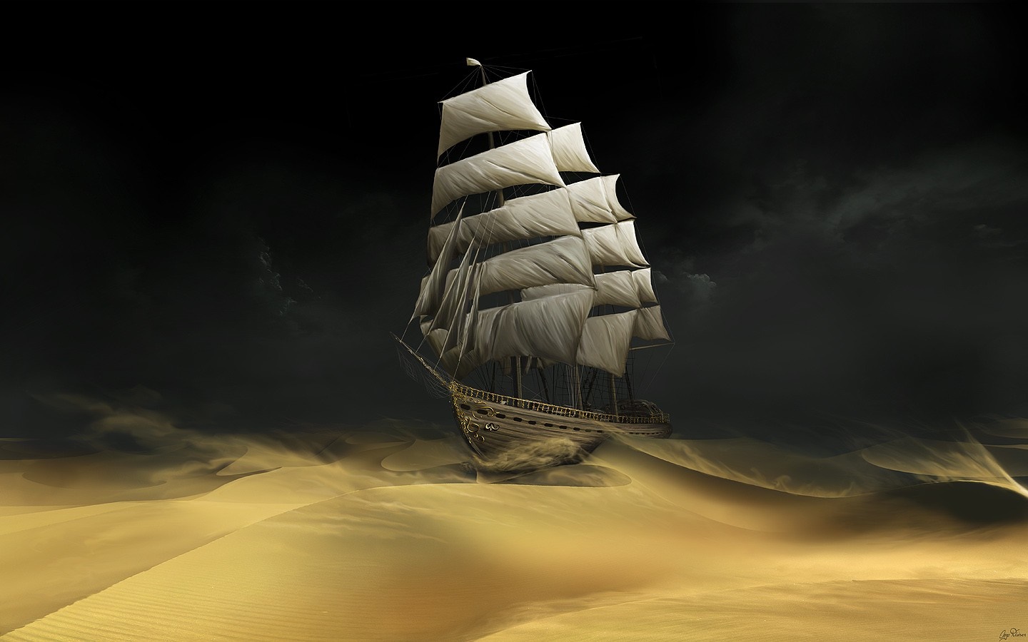 A ghost ship sails through a desert landscape HD Wallpaper