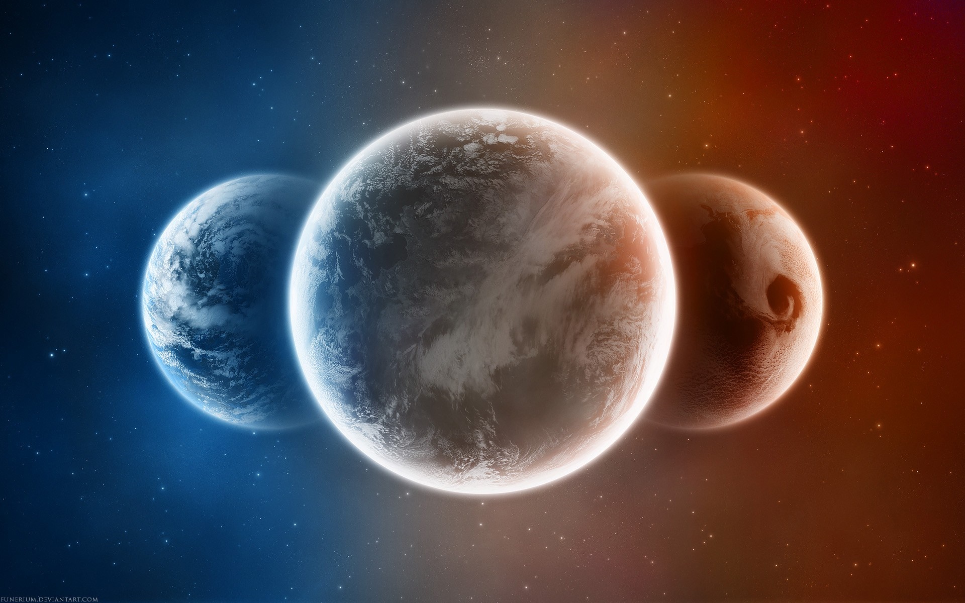 Three planets in space with starry background HD Wallpaper