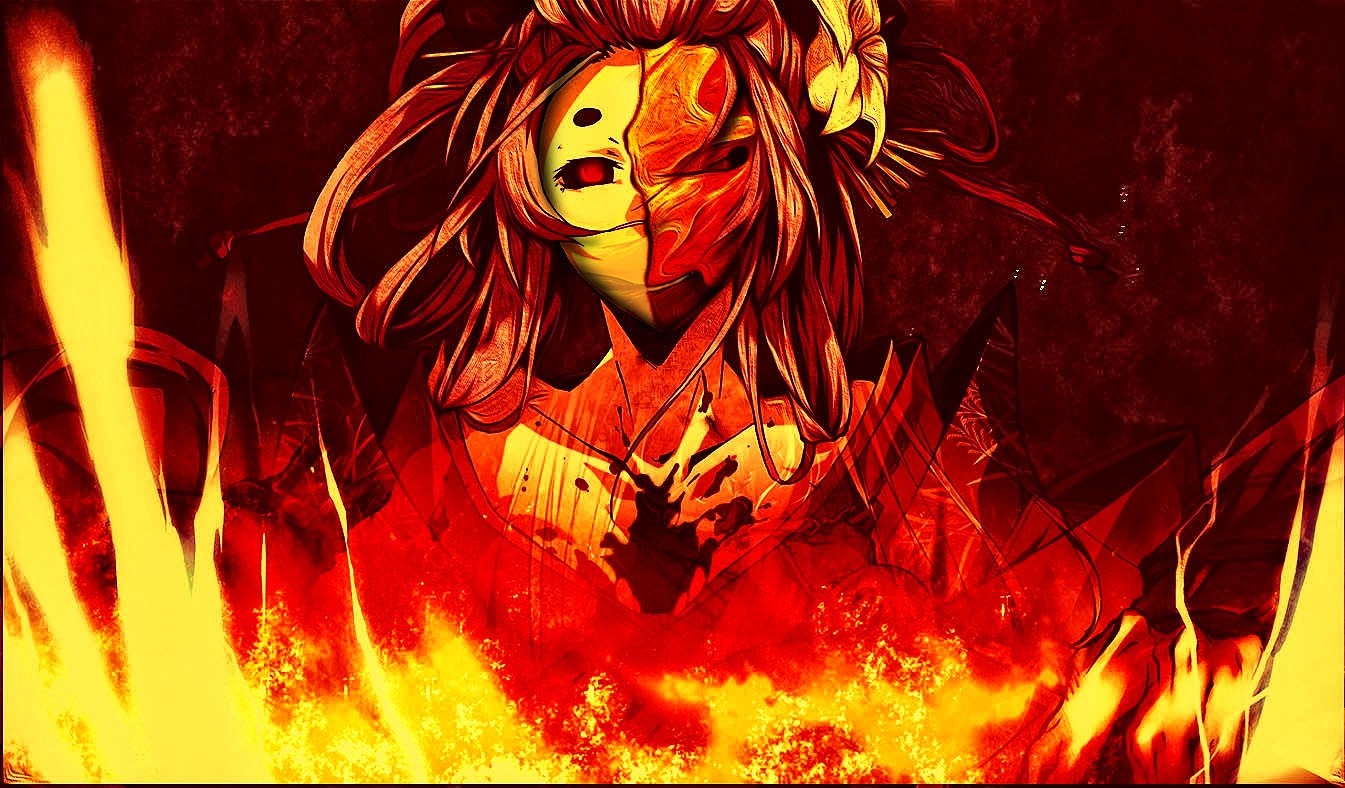 Illustration of a character from Kajiri Kamui Kagura surrounded by flames HD Wallpaper