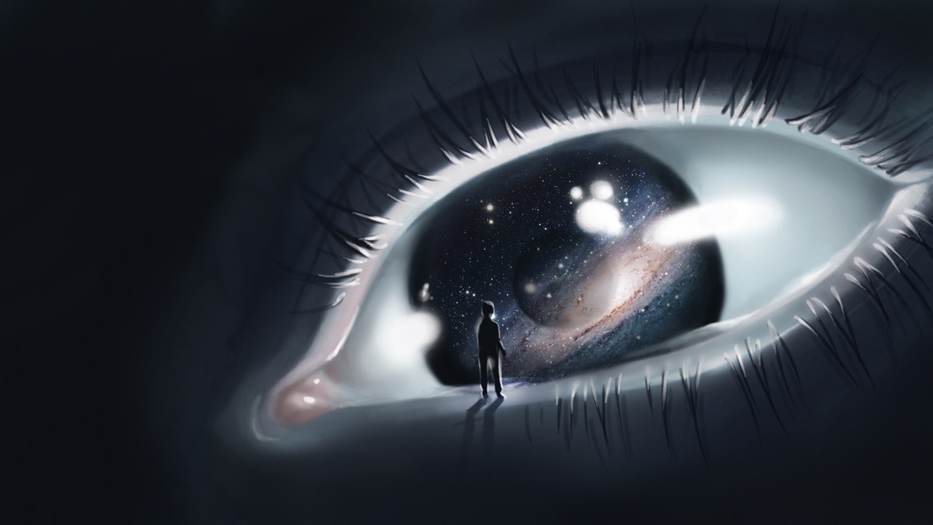 Eye reflecting the universe with a person standing HD Wallpaper