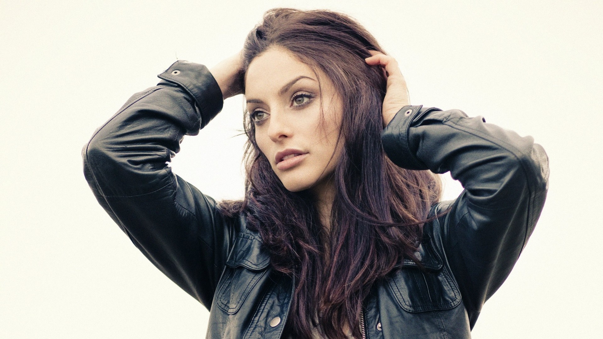 Erica Cerra portrait with hands in hair HD Wallpaper