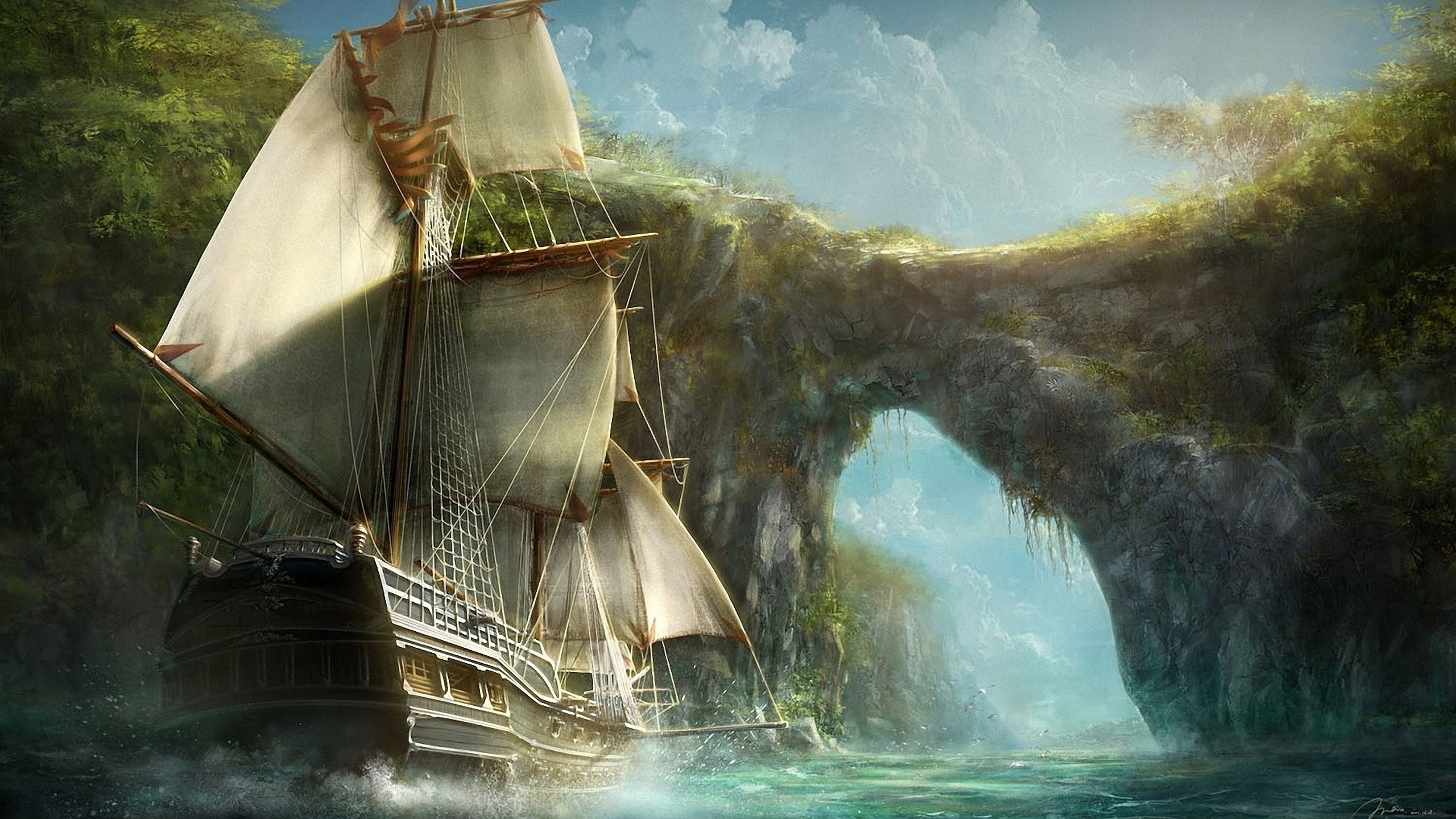 Digital art of a sailing ship near a rocky archway HD Wallpaper