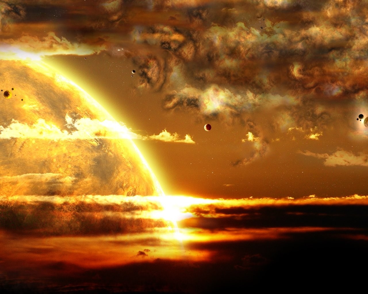 Planet and sun with clouds in outer space HD Wallpaper